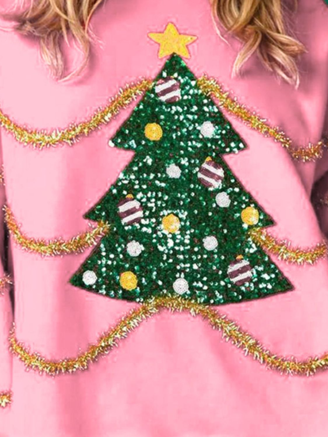 Sequin Christmas Tree Round Neck Sweatshirt-TOPS / DRESSES-[Adult]-[Female]-2022 Online Blue Zone Planet