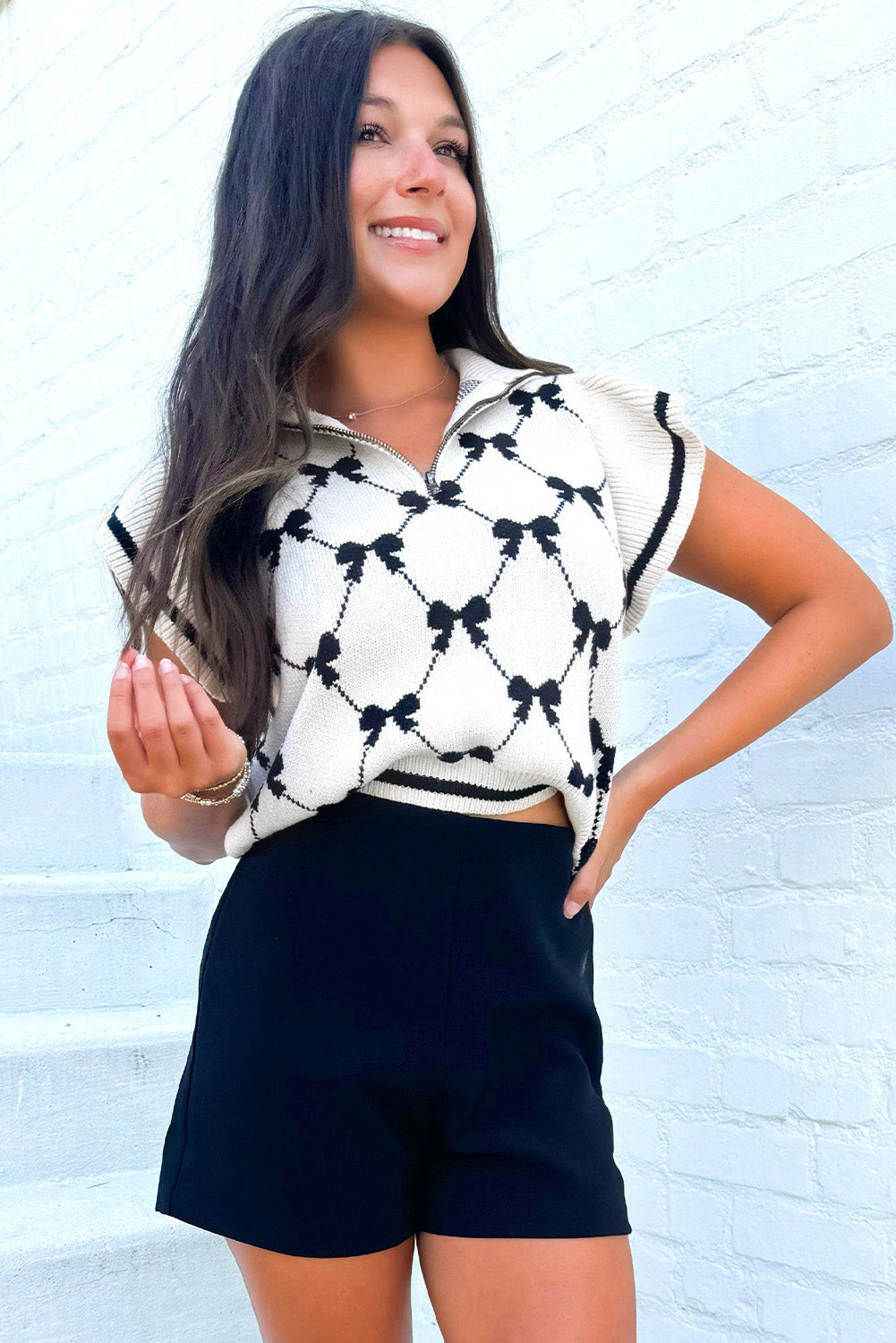 Black Preppy Vibes Bow Print Zipped Collar Sweater Tee-TOPS / DRESSES-[Adult]-[Female]-2022 Online Blue Zone Planet