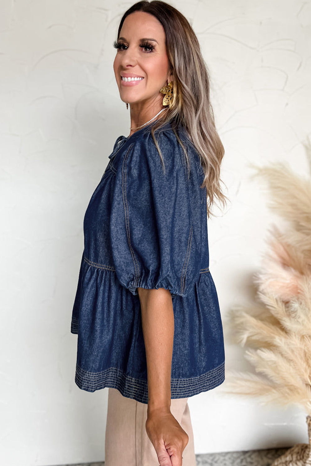 Sail Blue Puff Sleeve Lace-up Neckline Splicing Denim Blouse-Blouses-[Adult]-[Female]-2022 Online Blue Zone Planet