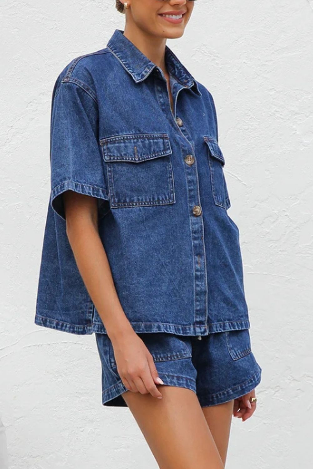 Collared Neck Button Up Top and Shorts Denim Set-TOPS / DRESSES-[Adult]-[Female]-2022 Online Blue Zone Planet