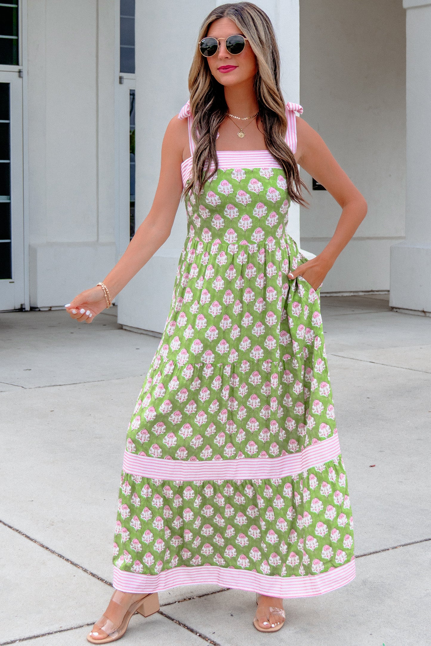 Green Floral Print Striped Detail Knot Straps Maxi Dress-TOPS / DRESSES-[Adult]-[Female]-2022 Online Blue Zone Planet