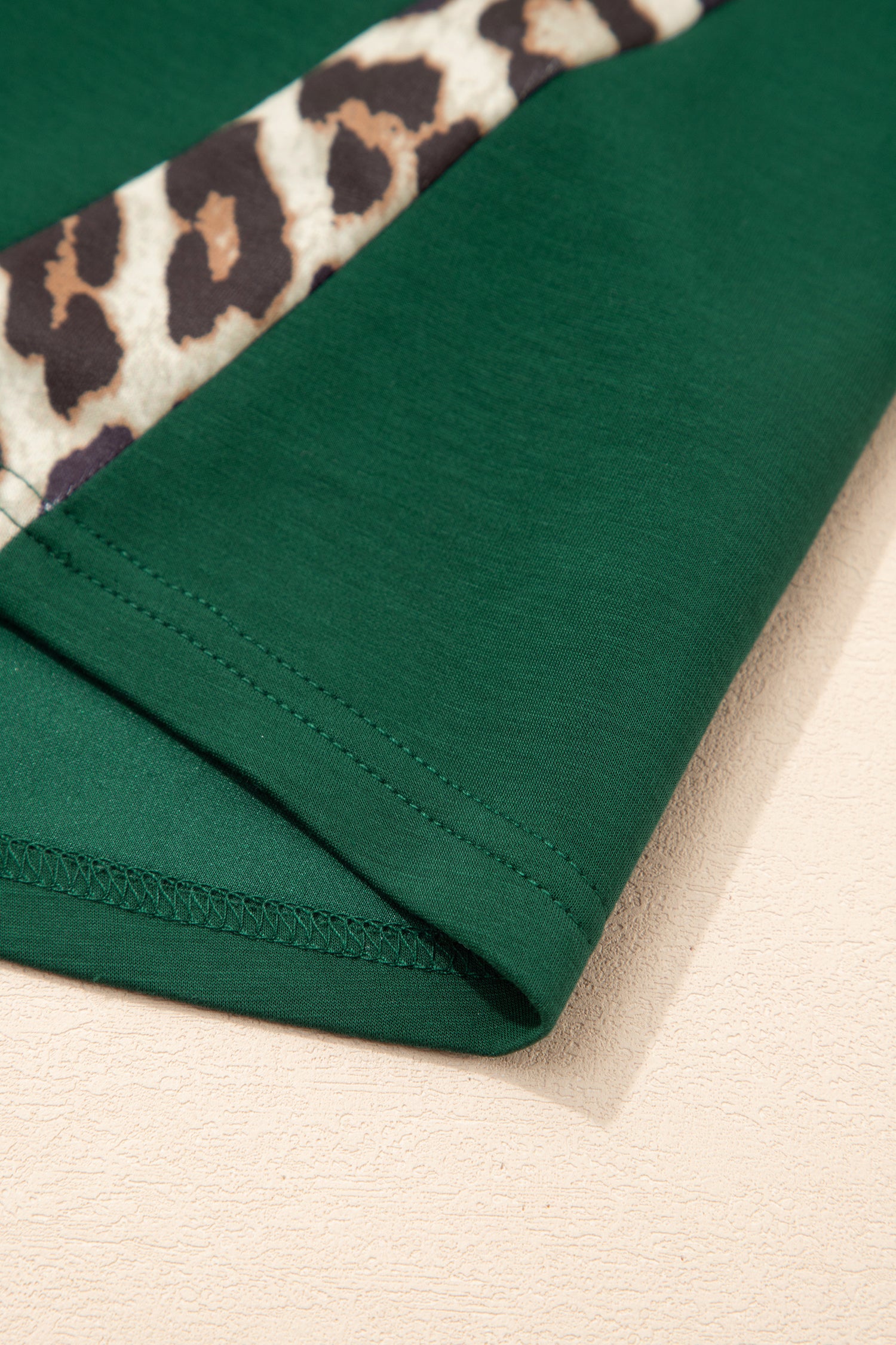 Sea Green Leopard Trim Round Neck Loose T Shirt-Tops/Tops & Tees-[Adult]-[Female]-2022 Online Blue Zone Planet