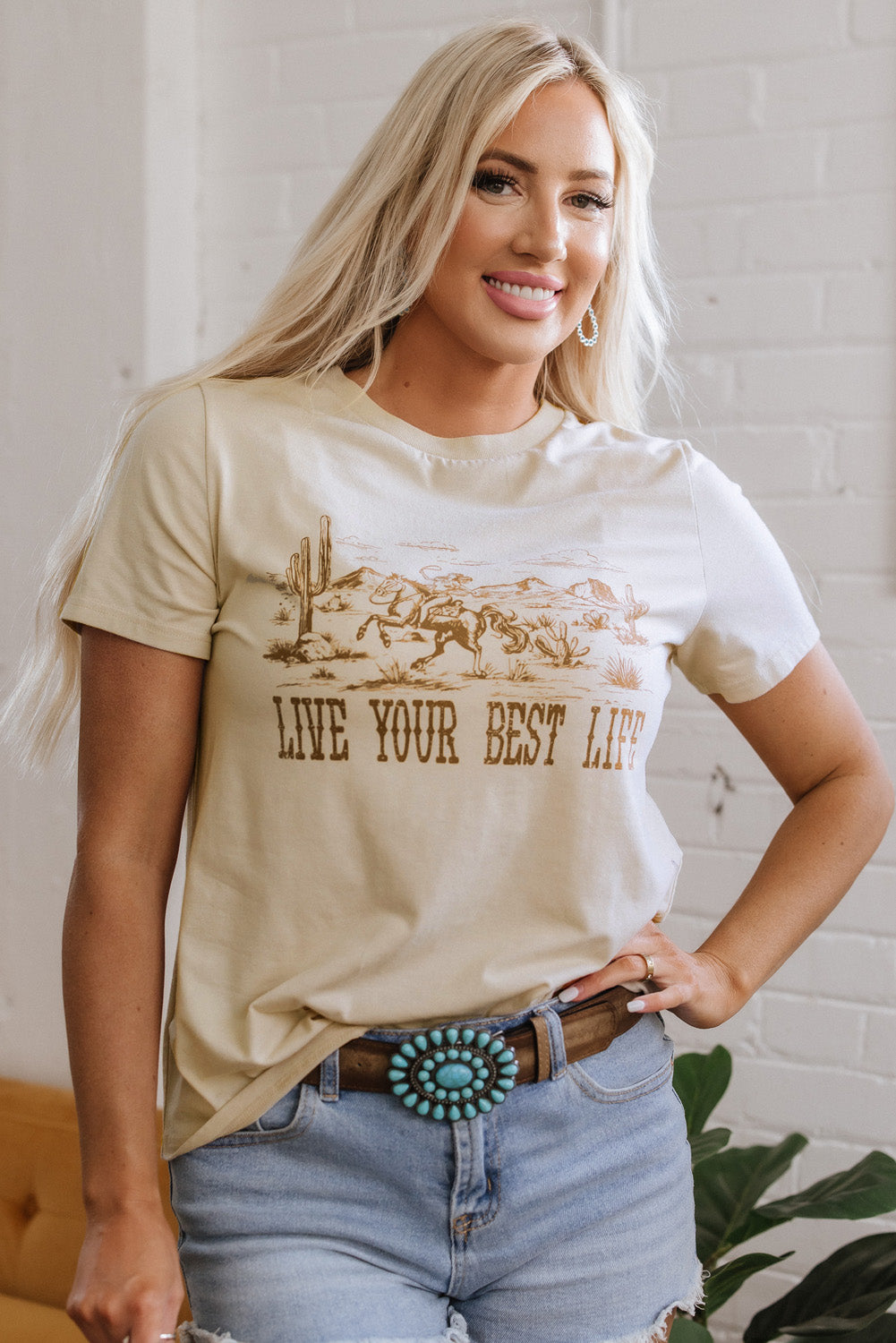 Beige Live Your Best Life Crew Neck Western Graphic Tee-Graphic/Graphic Tees-[Adult]-[Female]-2022 Online Blue Zone Planet