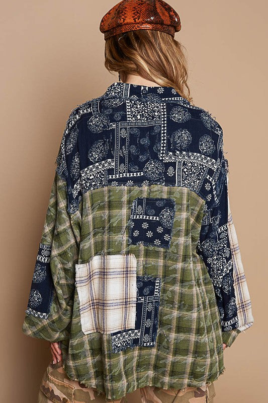 POL Patchwork Plaid Button Up Shirt-TOPS / DRESSES-[Adult]-[Female]-2022 Online Blue Zone Planet