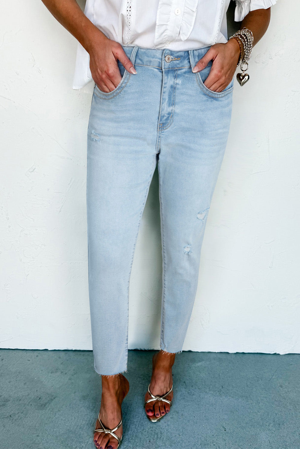 Beau Blue Mid Rise Ankle-Length Distressed Skinny Jeans-Bottoms/Jeans-[Adult]-[Female]-Beau Blue-4-2022 Online Blue Zone Planet