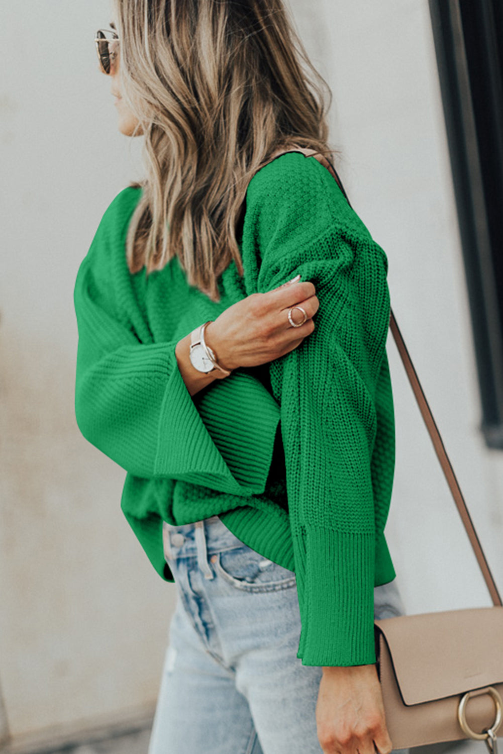 Dark Green Solid Textured Knit Split Cuff Drop Shoulder Loose Sweater-Sweaters & Cardigans/Sweaters-[Adult]-[Female]-2022 Online Blue Zone Planet