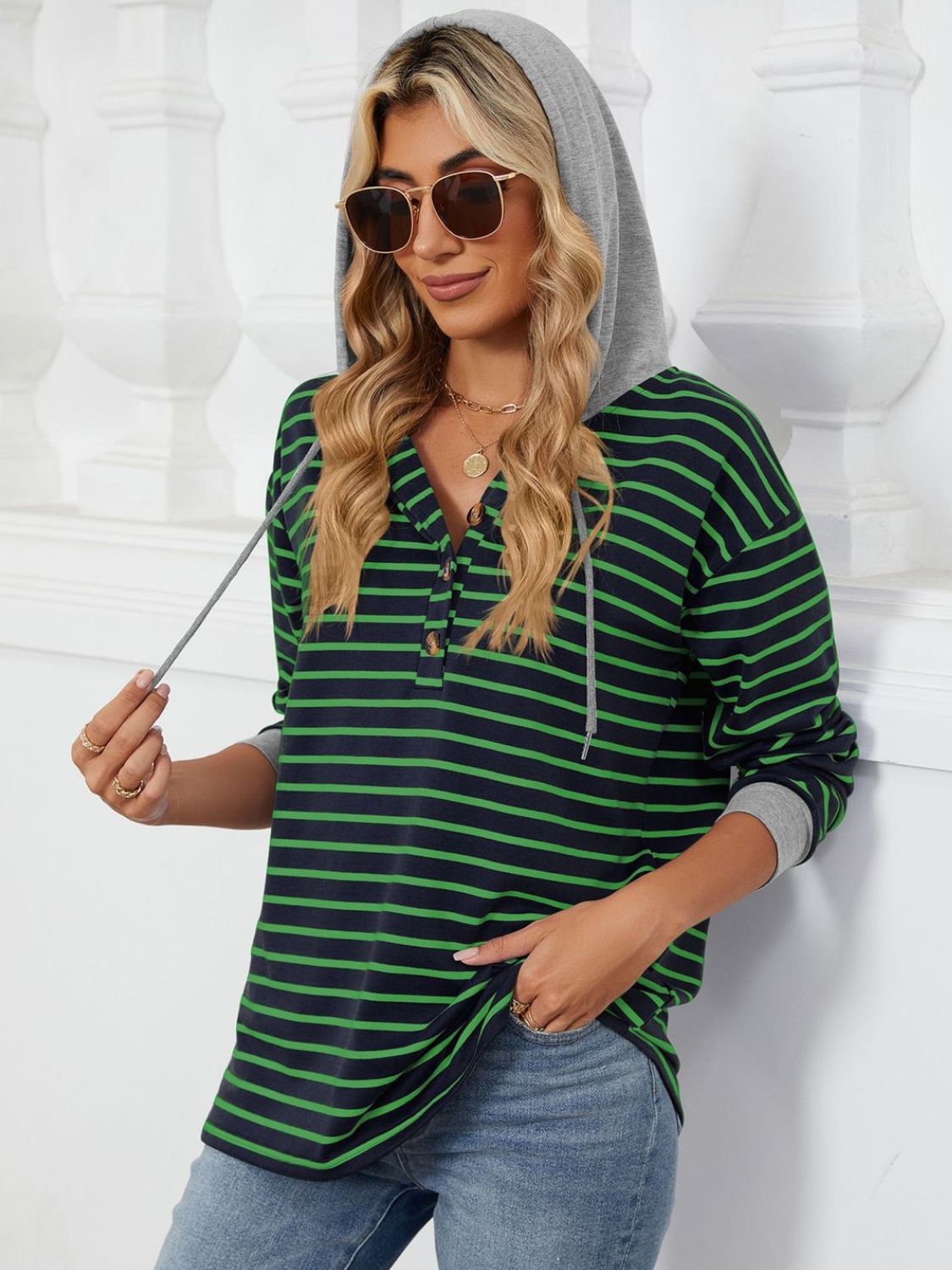 Drawstring Striped Long Sleeve Hoodie-HOODIES-[Adult]-[Female]-2022 Online Blue Zone Planet