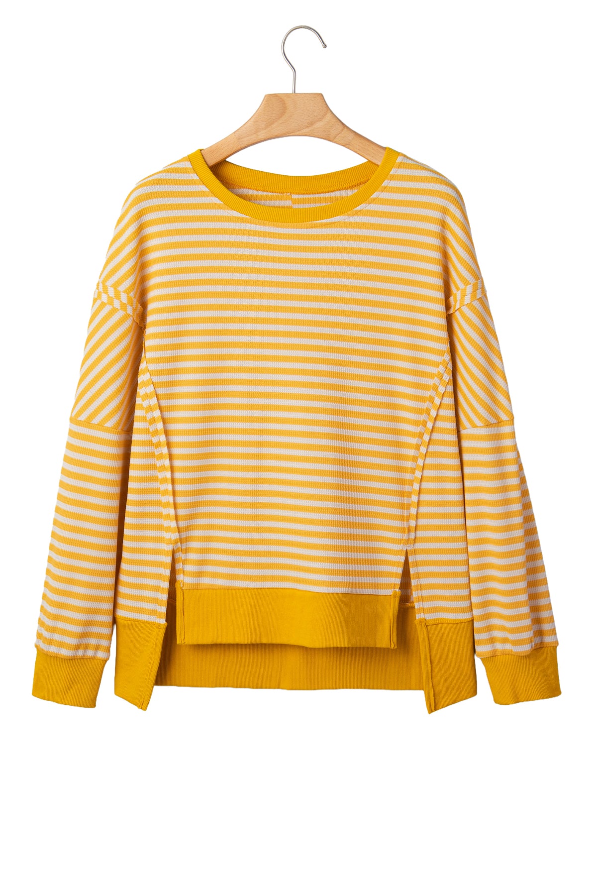 Khaki Stripe Textured Knit Color Block Trim Split Hem Long Sleeve Top-Tops/Long Sleeve Tops-[Adult]-[Female]-2022 Online Blue Zone Planet