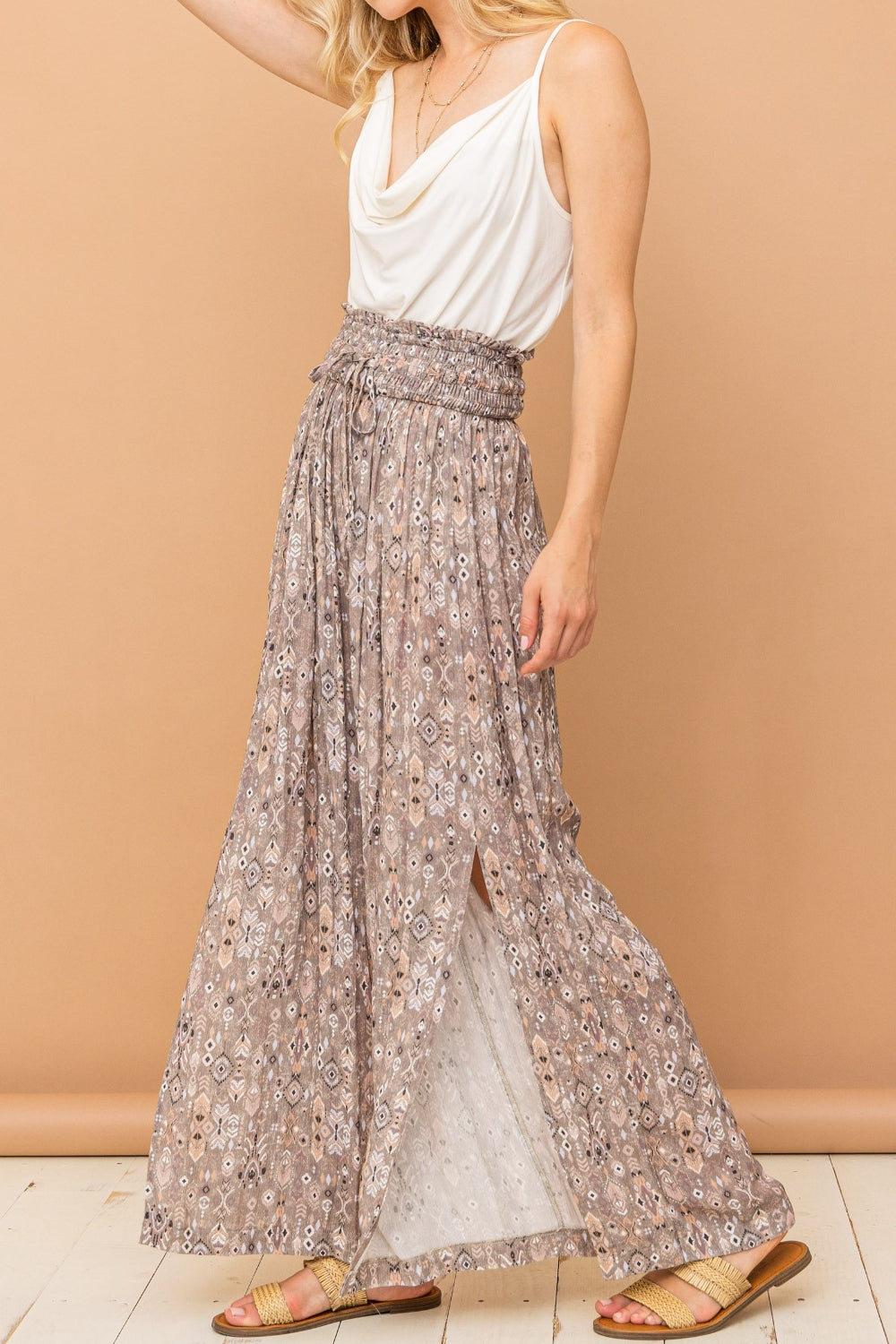 Blue Zone Planet | And The Why Printed Smocked Waist Slit Wide Leg Pants-BOTTOMS SIZES SMALL MEDIUM LARGE-[Adult]-[Female]-Grey-S-2022 Online Blue Zone Planet