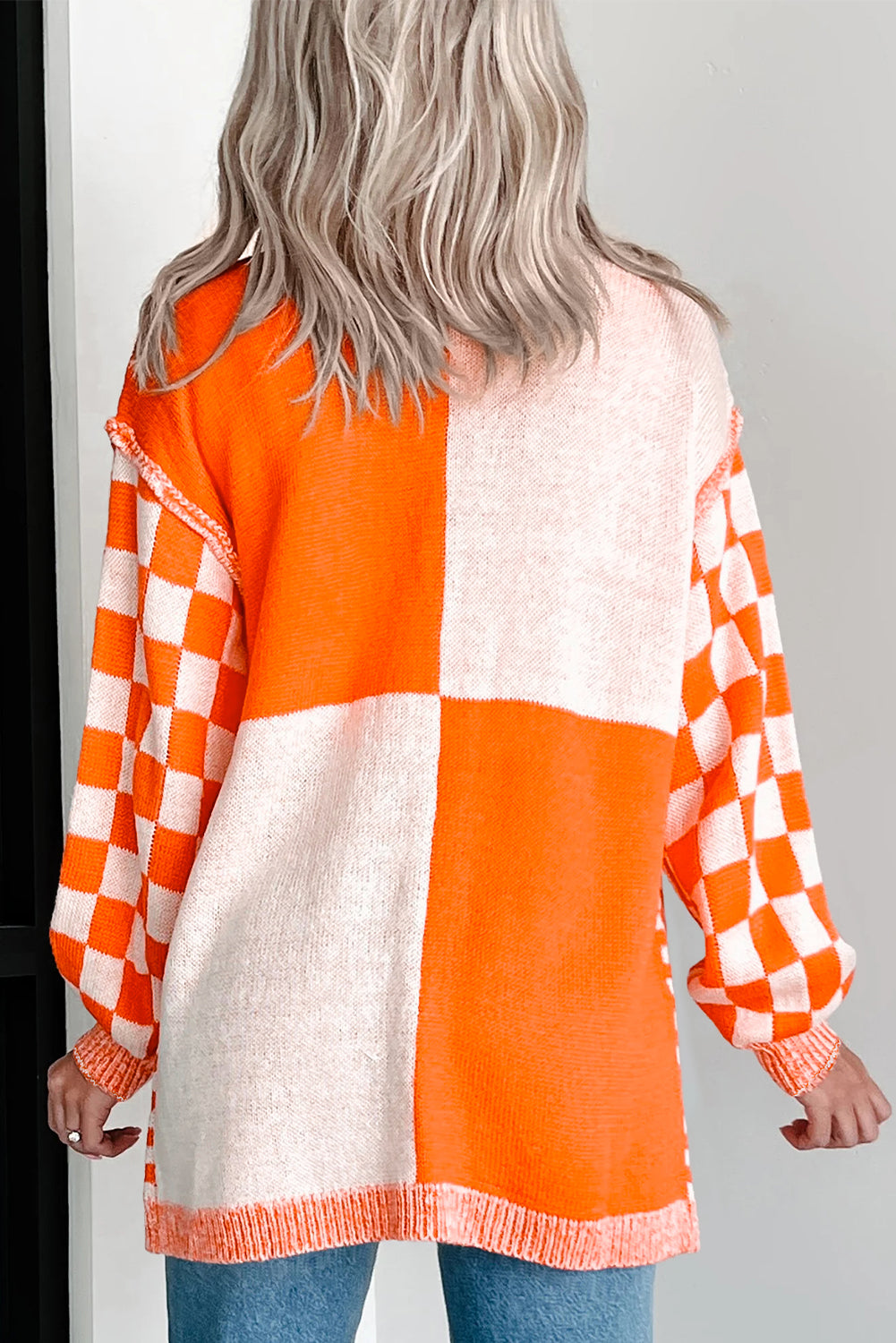 Orange Checkered Open Front Drop Shoulder Cardigan-Sweaters & Cardigans/Cardigans-[Adult]-[Female]-2022 Online Blue Zone Planet