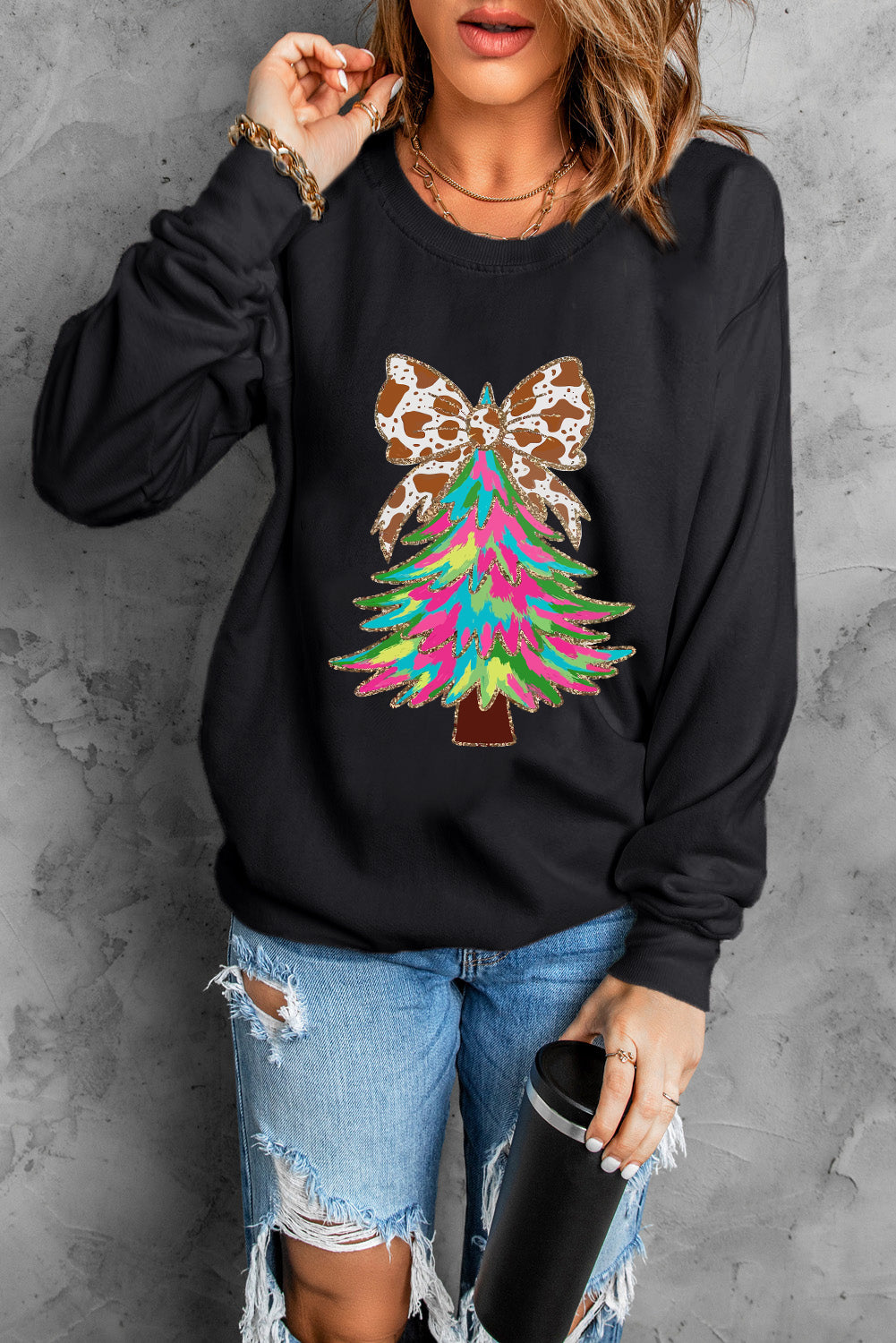 Black Bowknot Christmas Tree Shiny Graphic Sweatshirt-Graphic/Graphic Sweatshirts-[Adult]-[Female]-2022 Online Blue Zone Planet