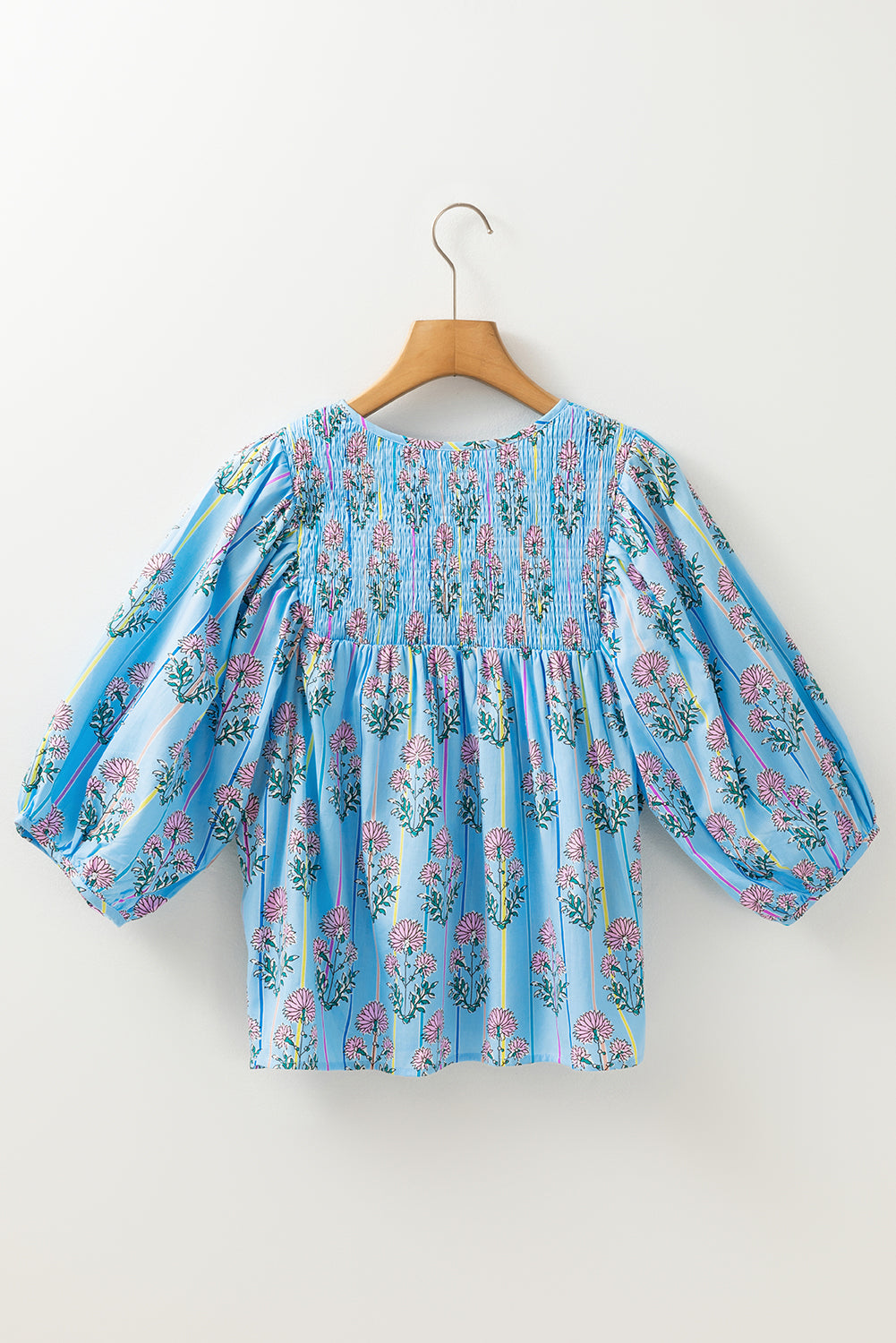Blue Zone Planet | Sky Blue Floral Striped Print Tie Shirred Splie Neck Blouse-Tops/Blouses & Shirts-[Adult]-[Female]-2022 Online Blue Zone Planet