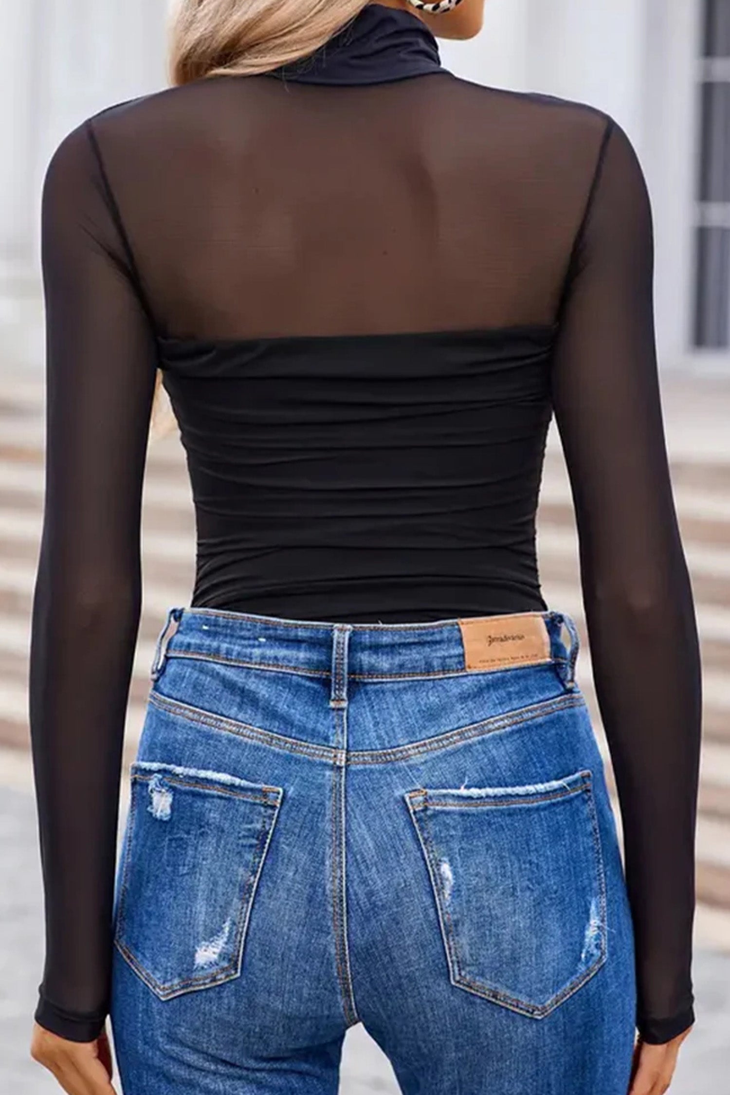 Black Sheer Mesh Patchwork High Neck Long Sleeve Top-Tops/Long Sleeve Tops-[Adult]-[Female]-2022 Online Blue Zone Planet