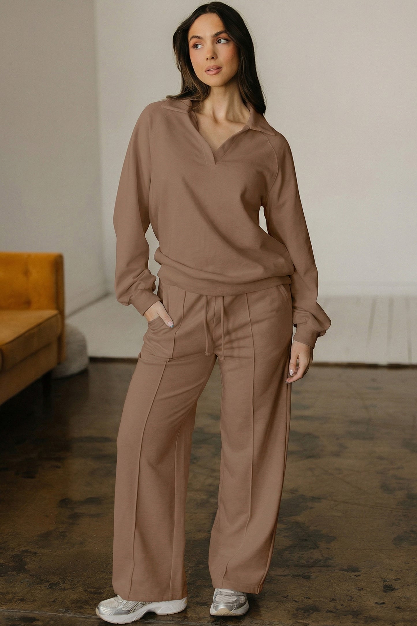Dark Khaki Polo Collar V Neck Pullover and Drawstring Sweatpants Set-Two Piece Sets/Pant Sets-[Adult]-[Female]-2022 Online Blue Zone Planet