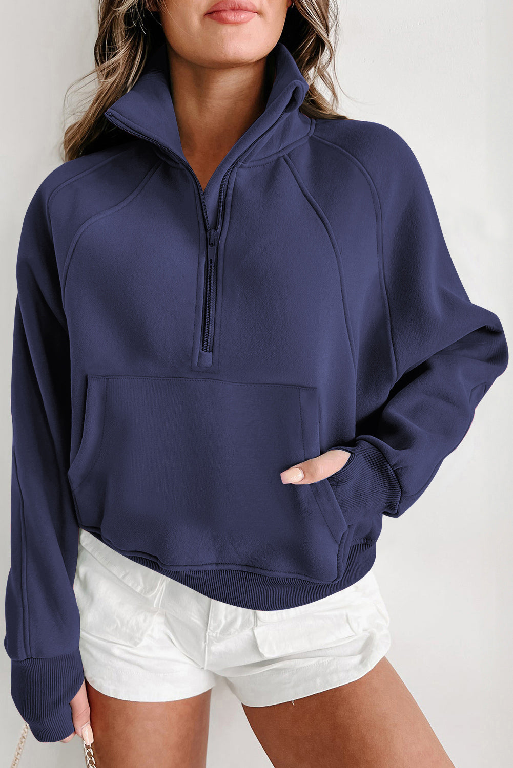 Flamingo Fleece Lined Zip Up Stand Collar Thumbhole Sleeve Sweatshirt-Tops/Sweatshirts & Hoodies-[Adult]-[Female]-2022 Online Blue Zone Planet