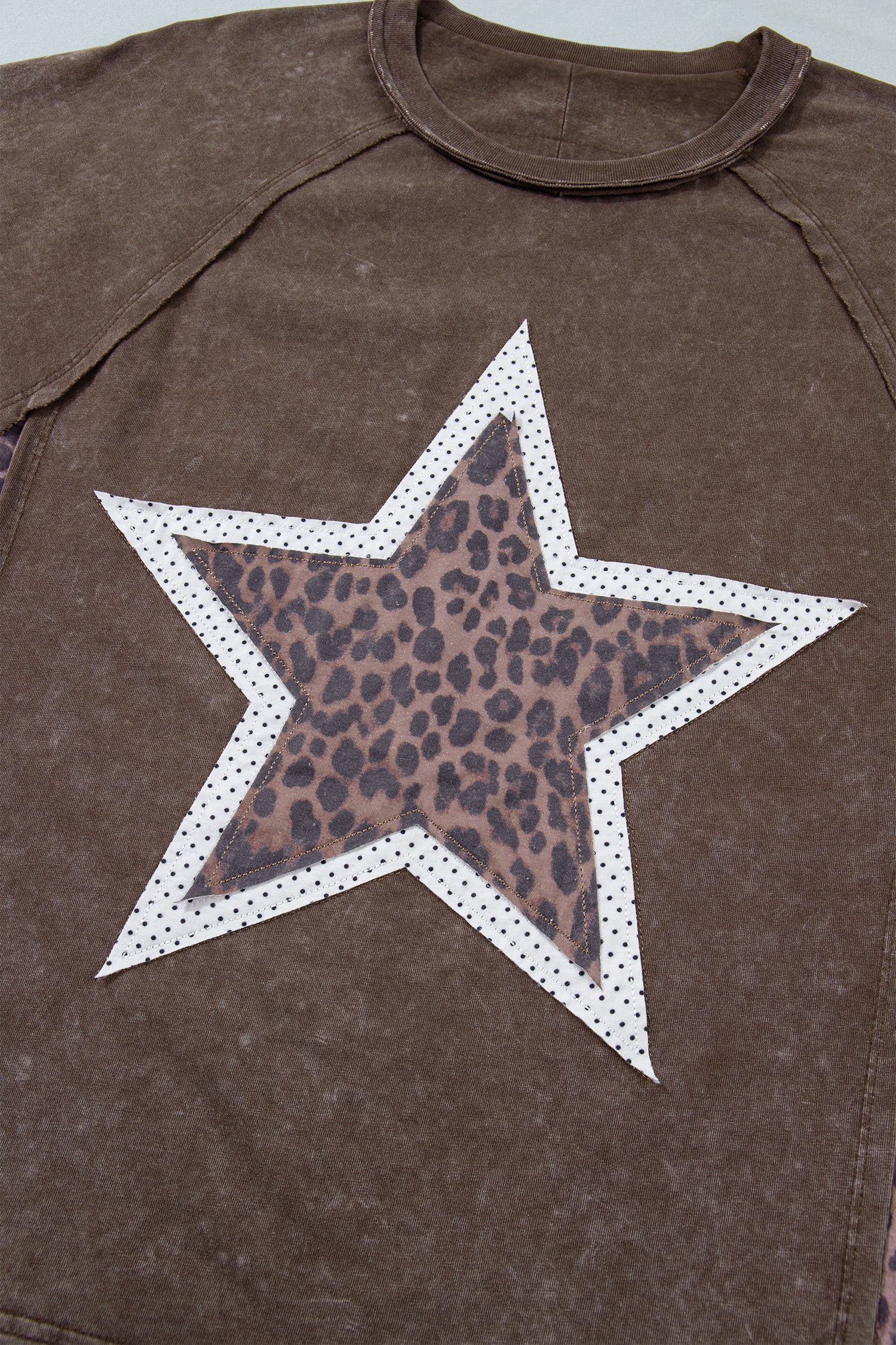 Coffee Mineral Wash Exposed Seam Leopard Star Patched T Shirt-Tops/Tops & Tees-[Adult]-[Female]-2022 Online Blue Zone Planet