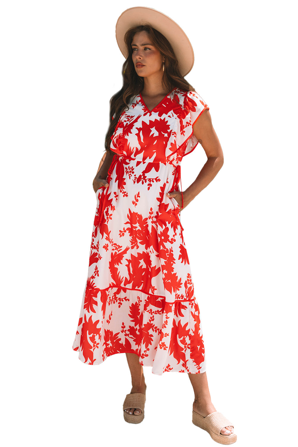 Red Floral Print Trimmed V Neck Ruffle Sleeve Long Dress-TOPS / DRESSES-[Adult]-[Female]-2022 Online Blue Zone Planet