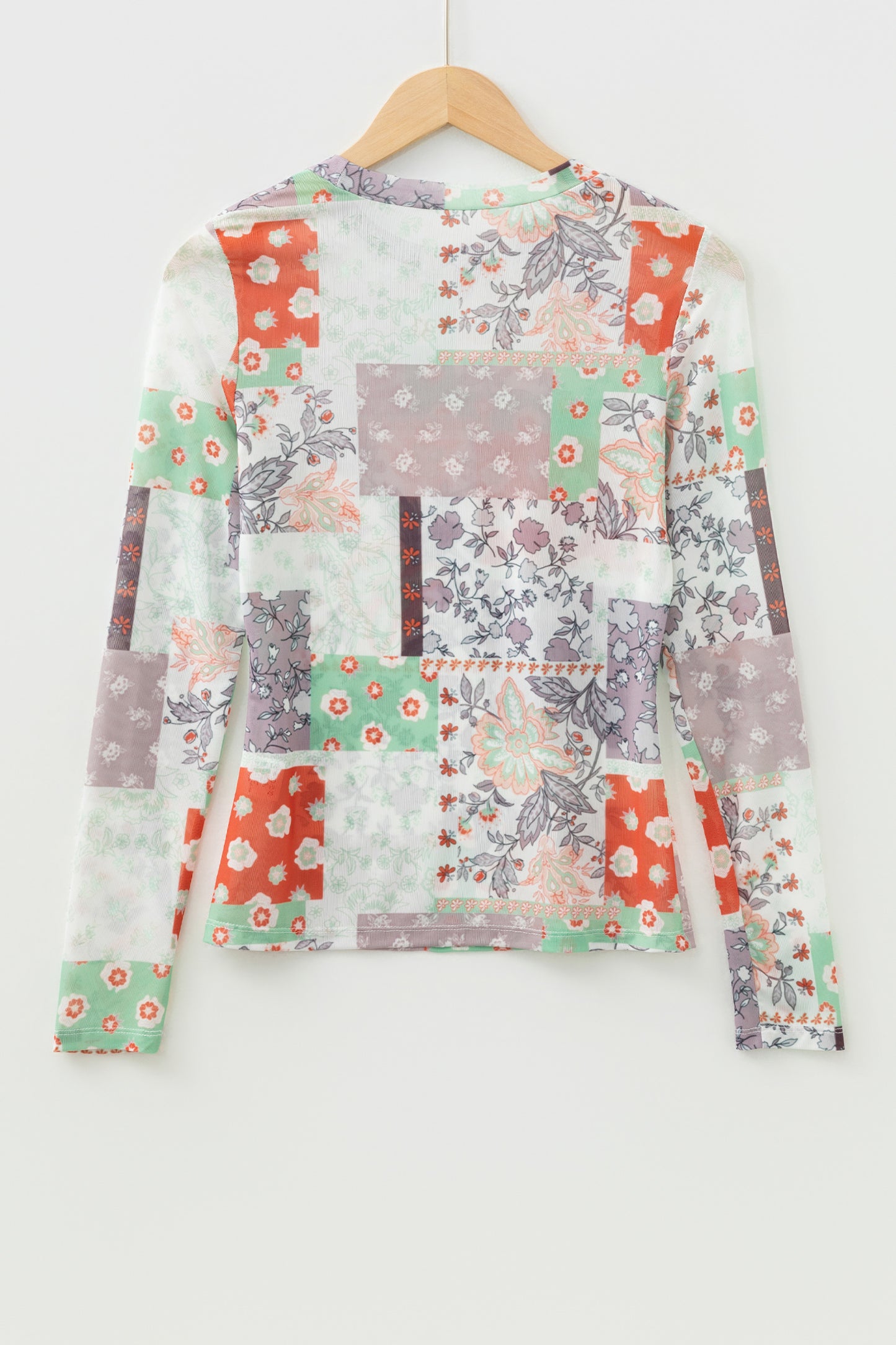 Khaki Mixed Floral Print Patchwork Mock Neck Mesh Top-Tops/Long Sleeve Tops-[Adult]-[Female]-2022 Online Blue Zone Planet