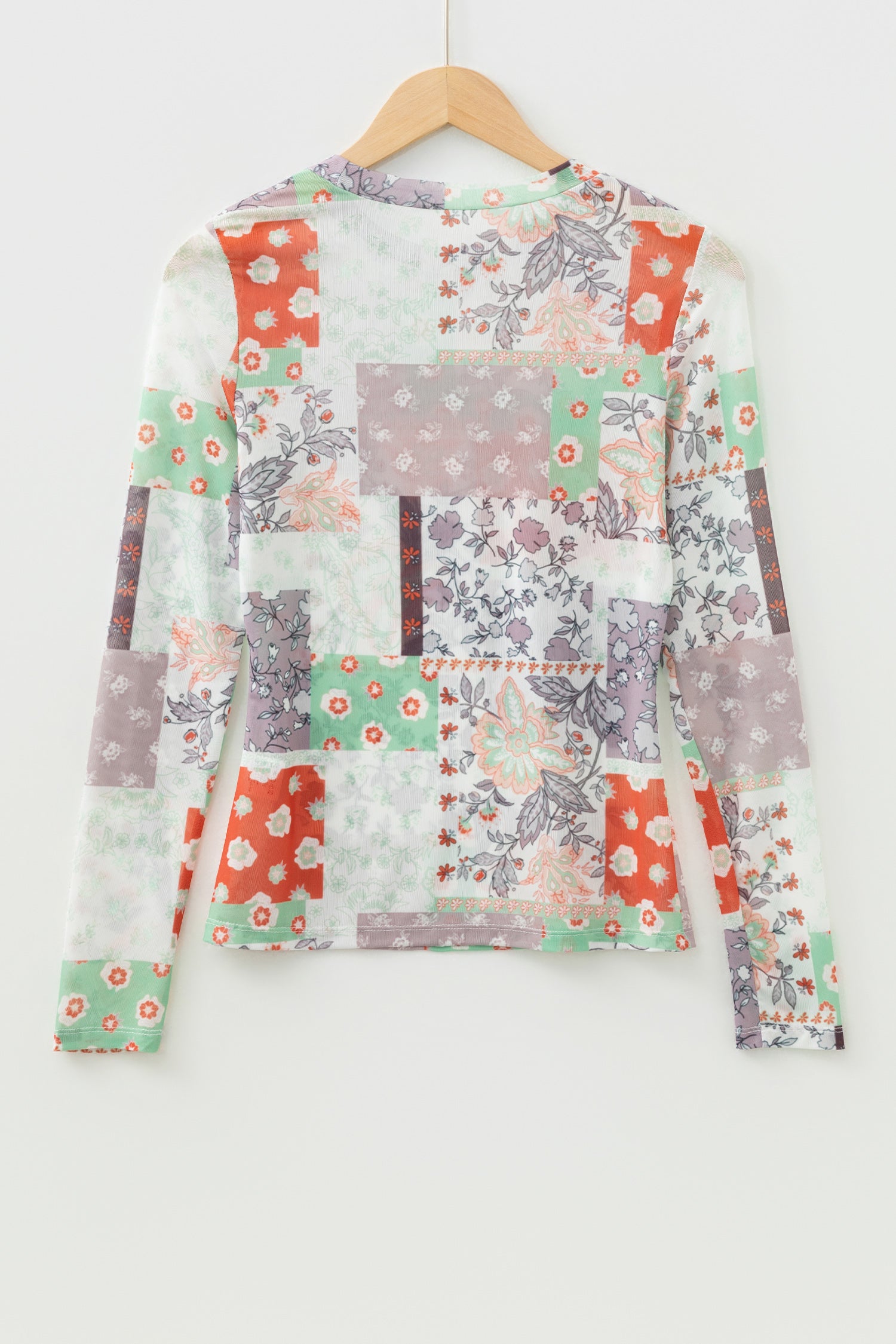 Khaki Mixed Floral Print Patchwork Mock Neck Mesh Top-Tops/Long Sleeve Tops-[Adult]-[Female]-2022 Online Blue Zone Planet