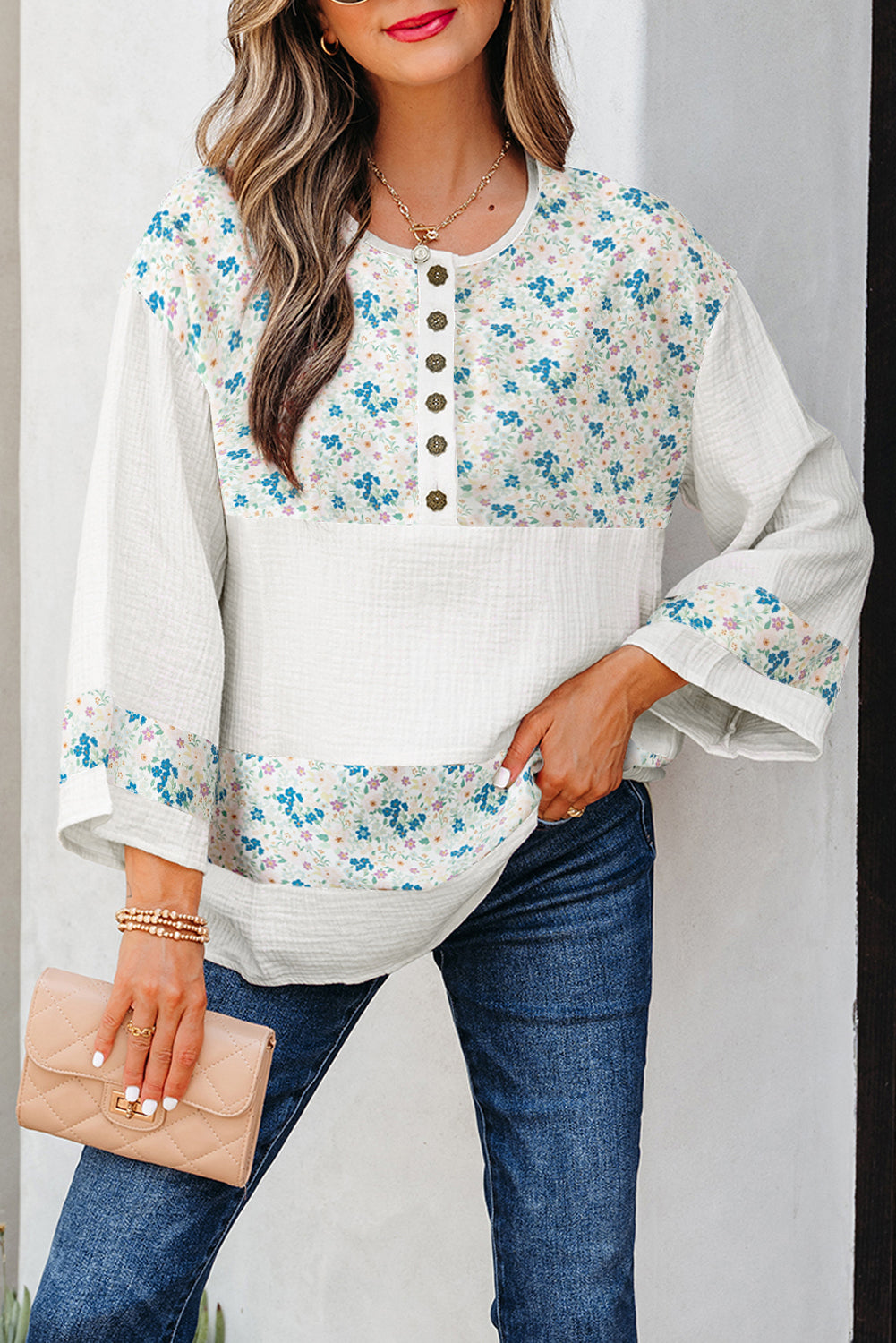 Sky Blue Floral Print Gauze Patchwork Henley Button 3/4 Sleeve Blouse-Tops/Blouses & Shirts-[Adult]-[Female]-2022 Online Blue Zone Planet