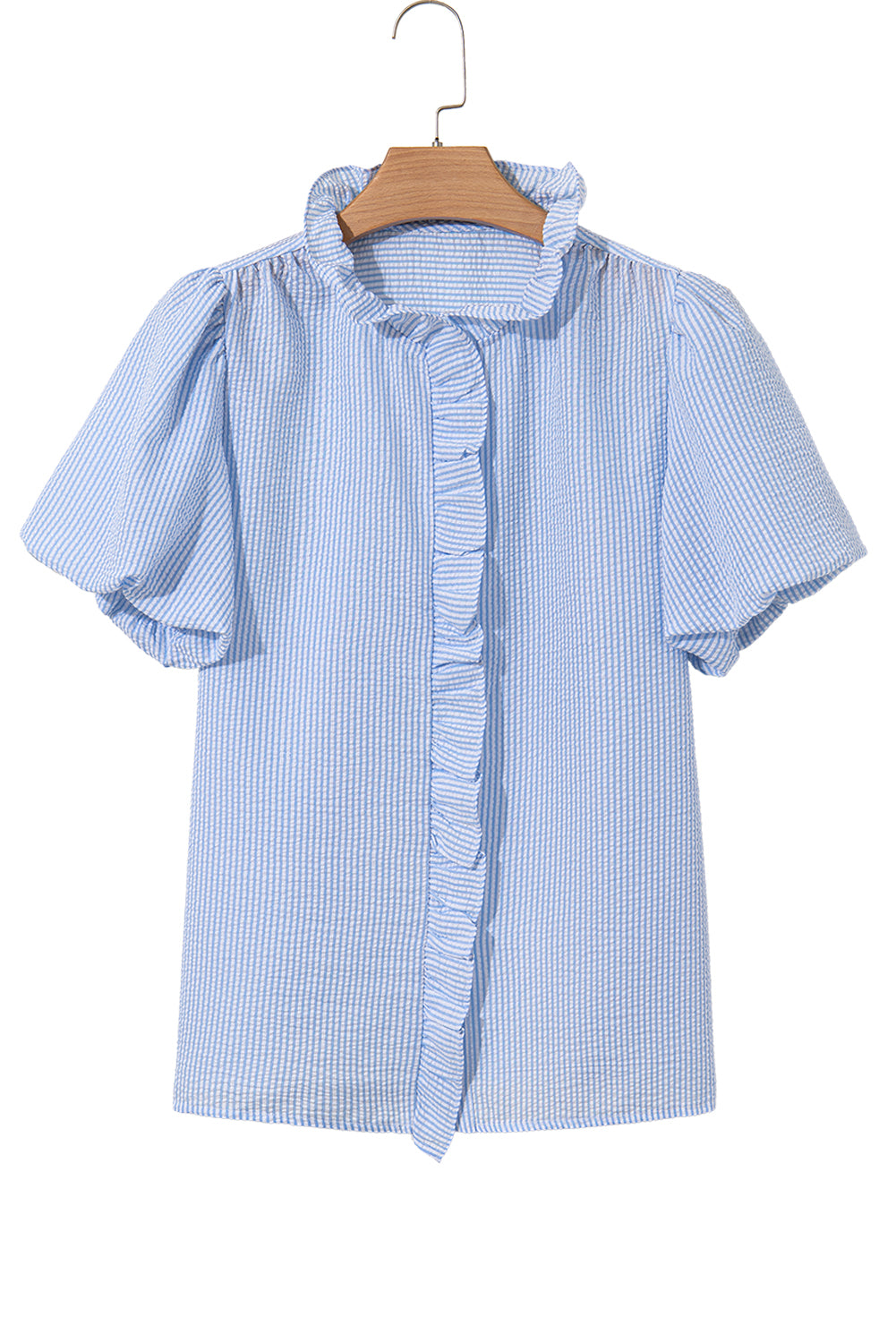 Beau Blue Striped Ruffle Short Bubble Sleeve Shirt-Tops/Blouses & Shirts-[Adult]-[Female]-2022 Online Blue Zone Planet