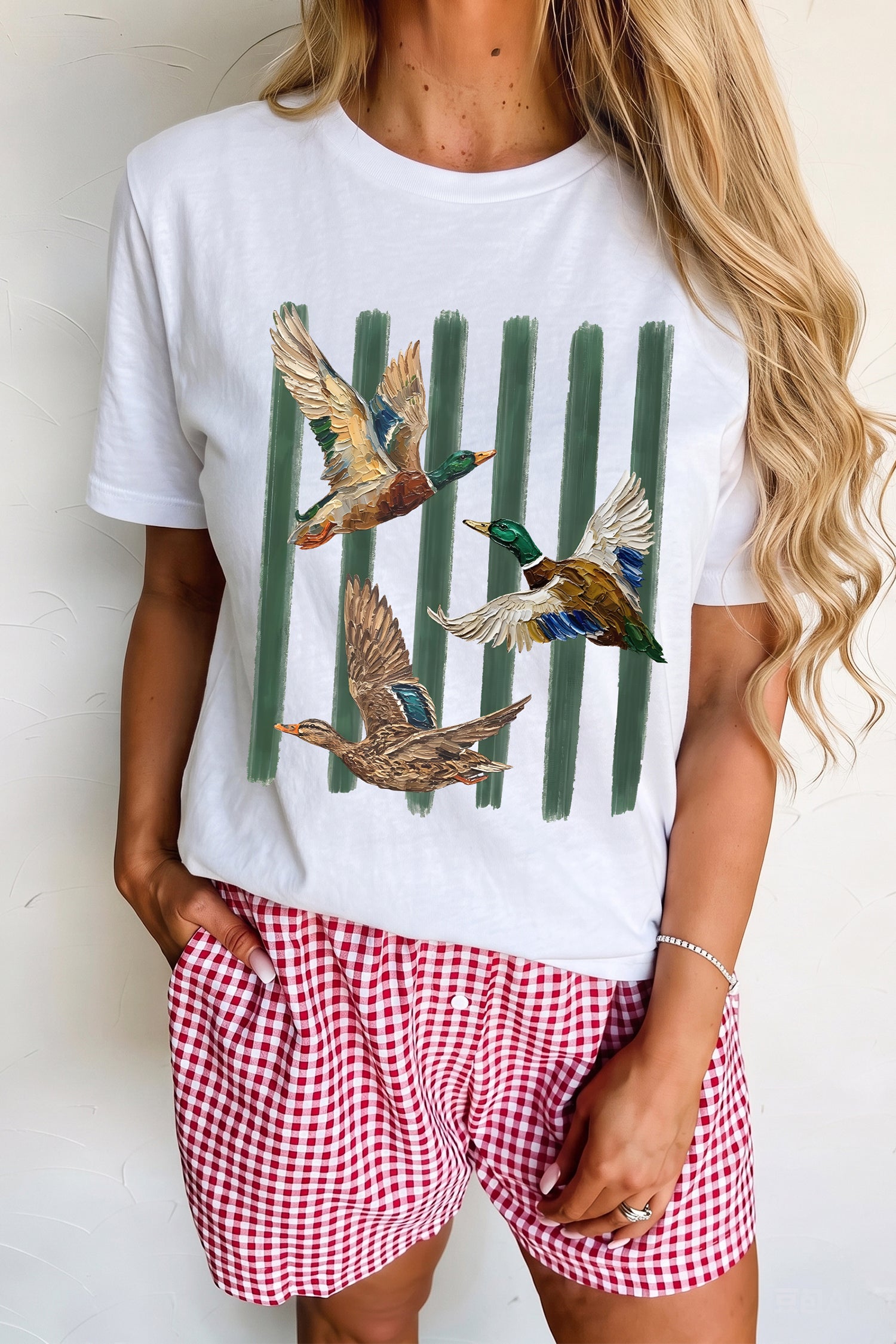 White Western Mallard Stripes Printed Graphic Round Neck Casual Tee-Graphic/Graphic Tees-[Adult]-[Female]-2022 Online Blue Zone Planet