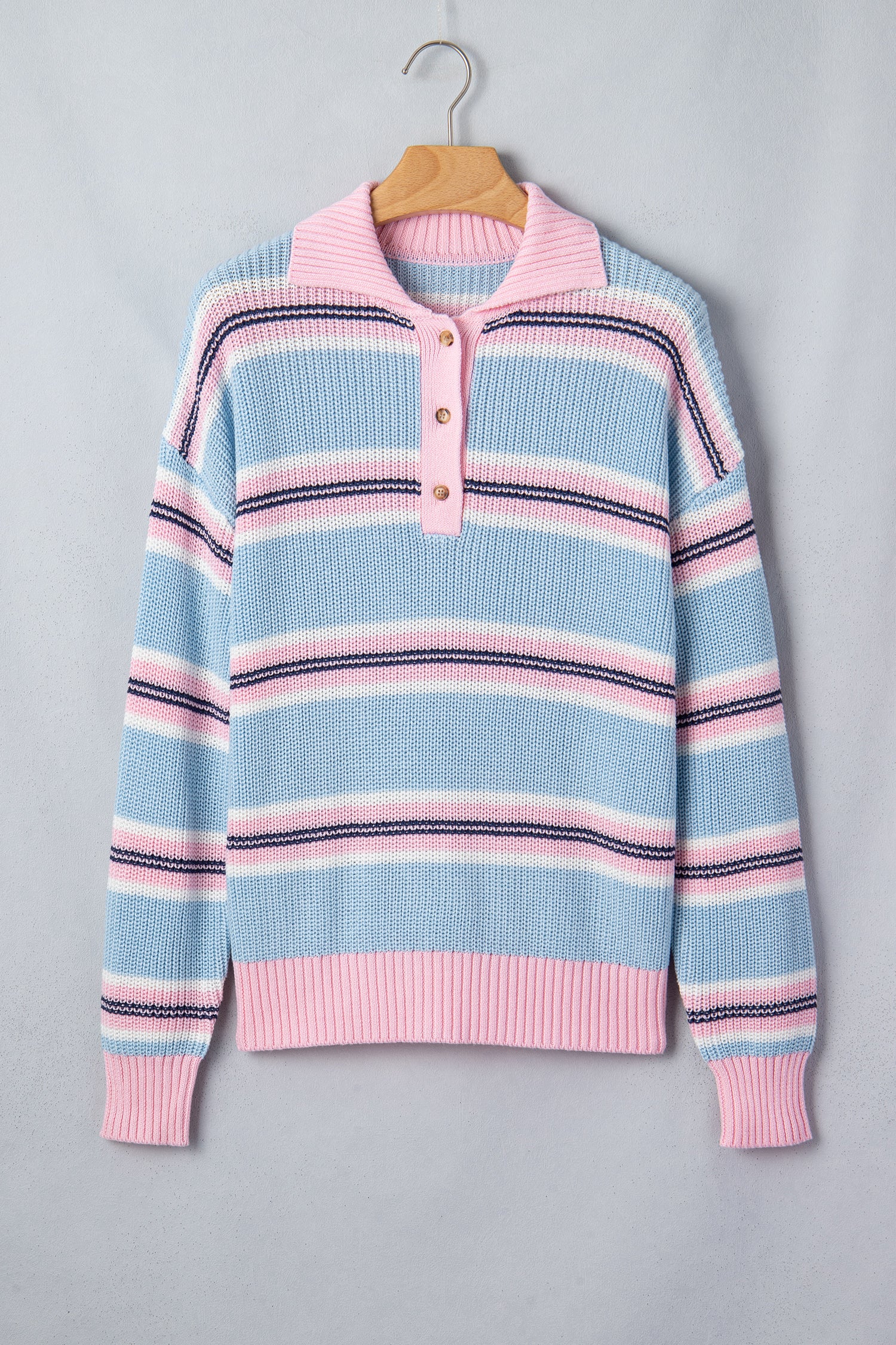 Sky Blue Stripe Striped Button Collar Long Sleeve Shift Fit Winter Knitwear Sweater-TOPS / DRESSES-[Adult]-[Female]-2022 Online Blue Zone Planet