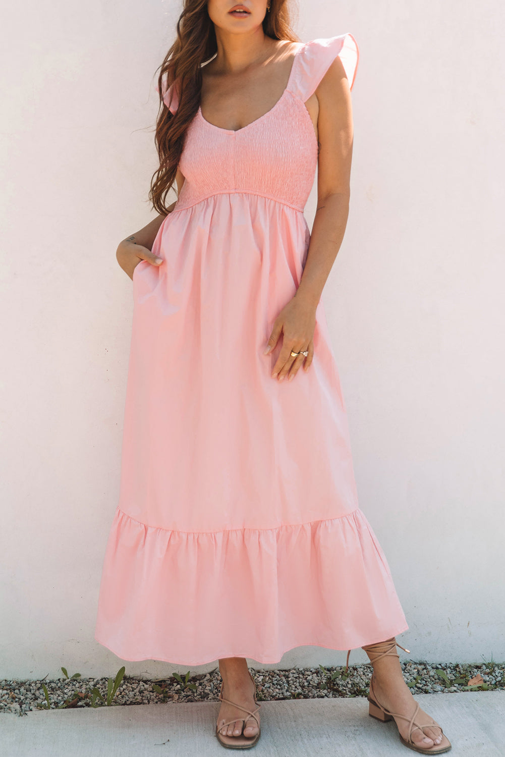 Pink V Neck Flutter Sleeve Smocked Bodice High Waist Ruffle Maxi Dress-Dresses/Maxi Dresses-[Adult]-[Female]-2022 Online Blue Zone Planet