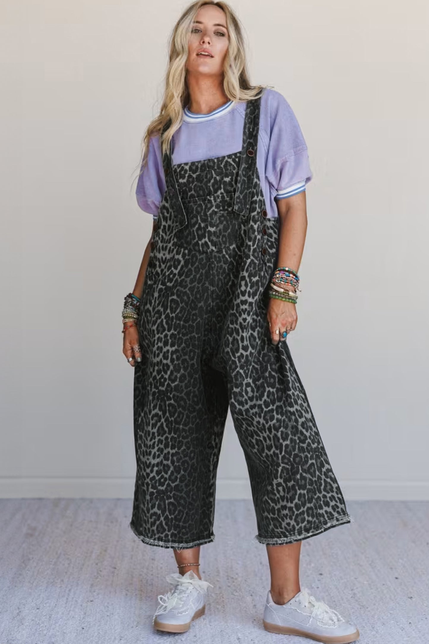 Gray Leopard Print Button Adjustable Straps Cropped Loose Denim Overalls-Bottoms/Jumpsuits & Rompers-[Adult]-[Female]-2022 Online Blue Zone Planet