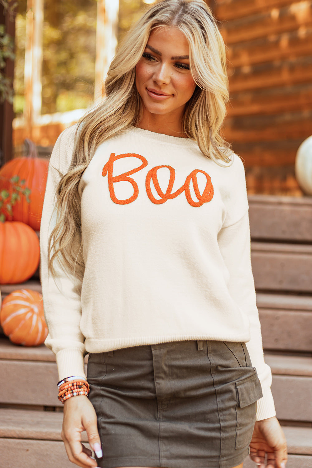 Blue Zone Planet | Orange Boo Knitted Pattern Ribbed Edge Drop Shoulder Sweater-Sweaters & Cardigans/Sweaters-[Adult]-[Female]-Apricot-S-2022 Online Blue Zone Planet