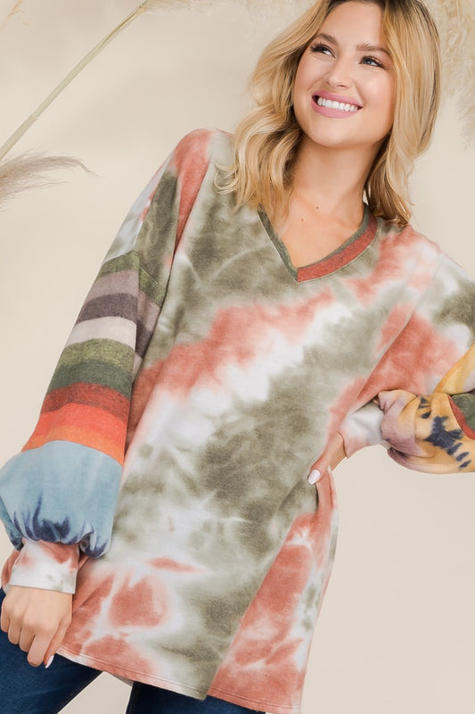 Celeste Full Size Tie-Dye Contrast Striped V-Neck Long Sleeve Blouse-TOPS / DRESSES-[Adult]-[Female]-Olive Tie Dye-S-2022 Online Blue Zone Planet