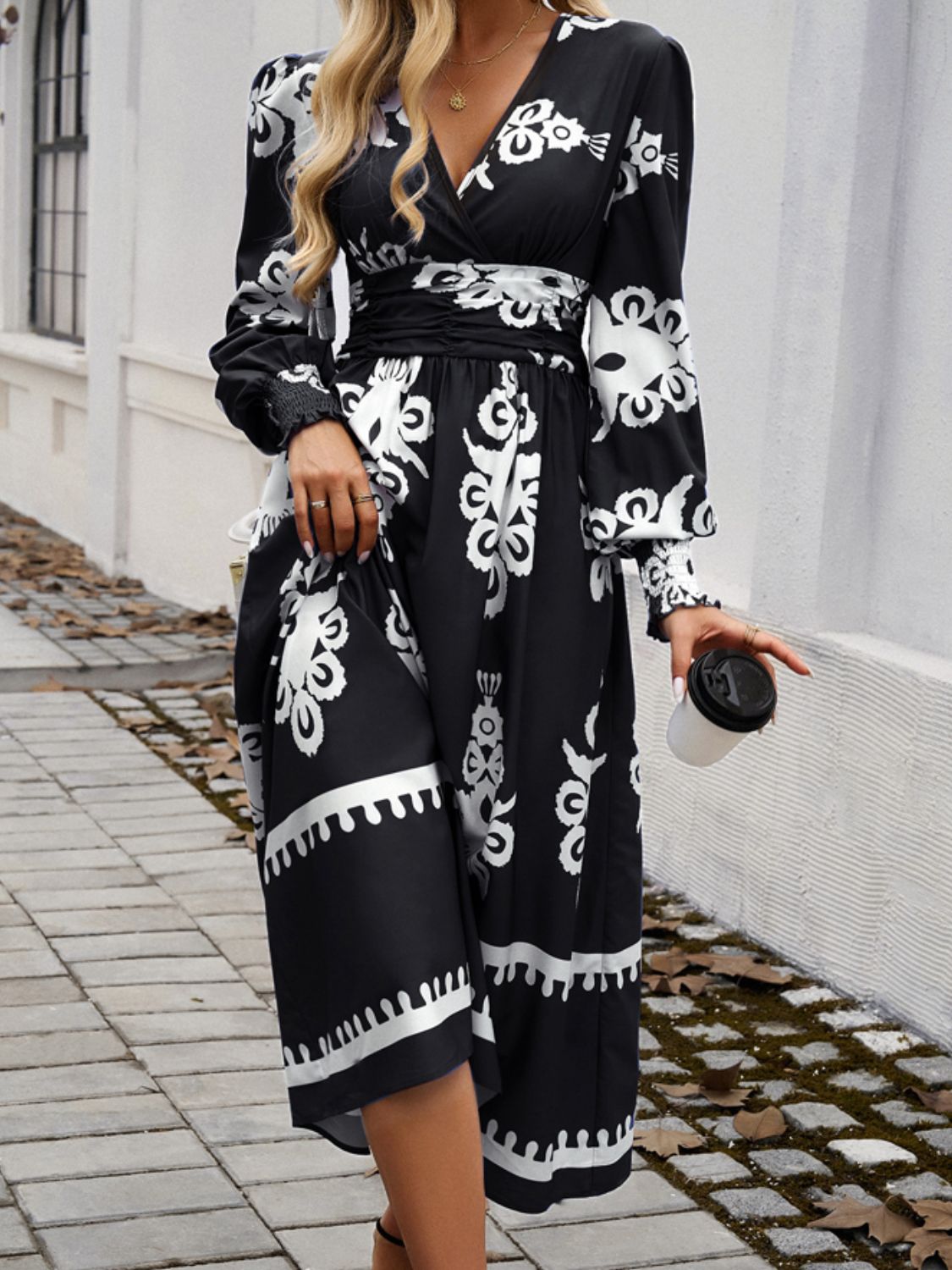 Devine Printed Surplice Lantern Sleeve Midi Dress-TOPS / DRESSES-[Adult]-[Female]-2022 Online Blue Zone Planet