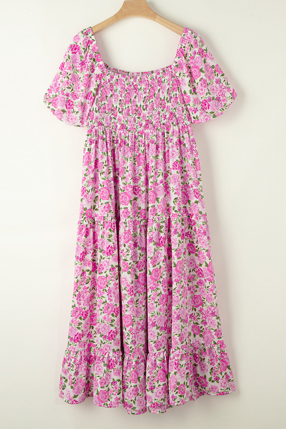 Blue Zone Planet | Pink Plus Size Floral Print Smocked Puff Sleeve Dress-TOPS / DRESSES-[Adult]-[Female]-2022 Online Blue Zone Planet