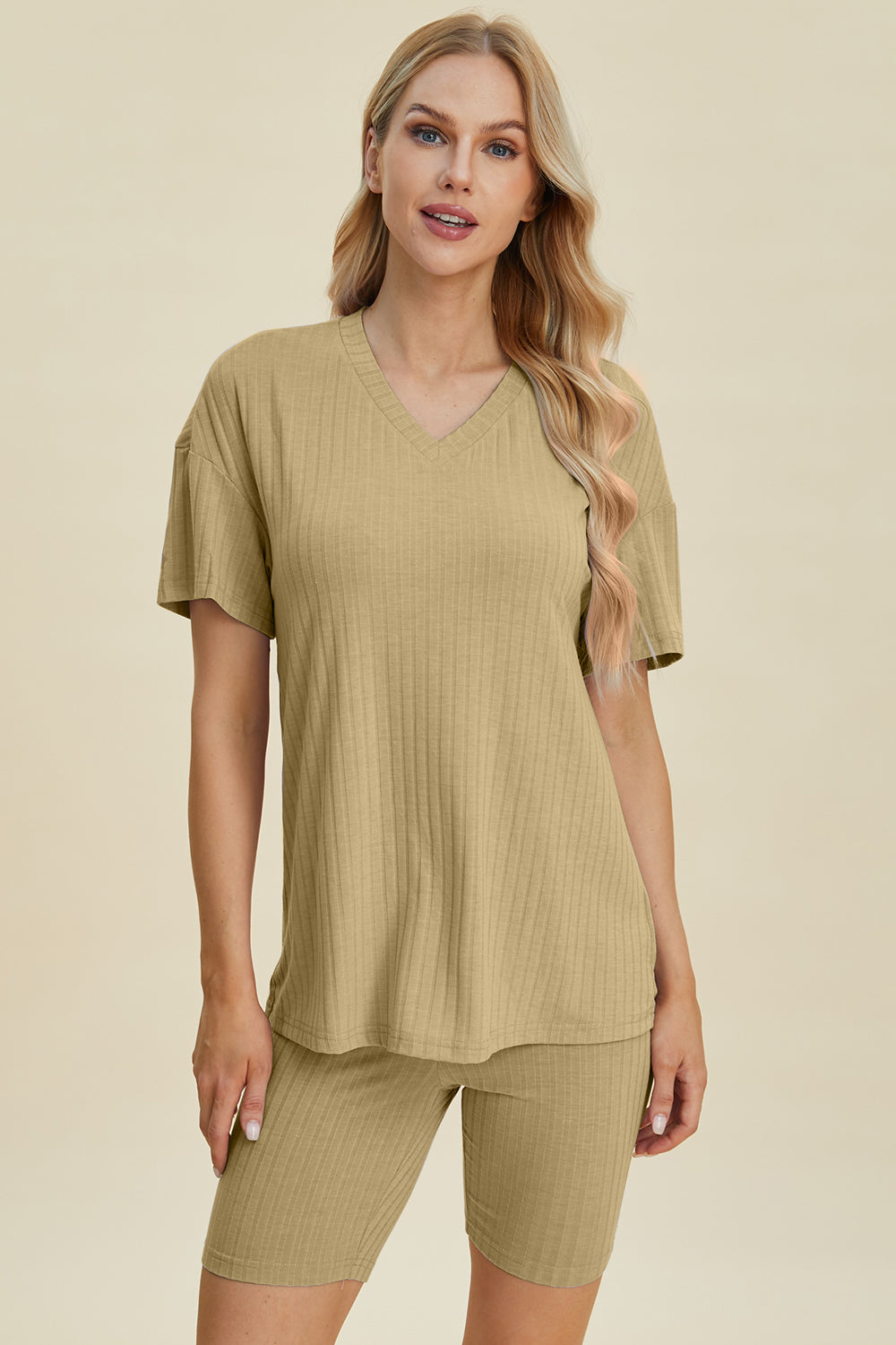 Basic Bae Full Size Ribbed V-Neck Short Sleeve Top and Shorts Set-TOPS / DRESSES-[Adult]-[Female]-Chartreuse-S-2022 Online Blue Zone Planet