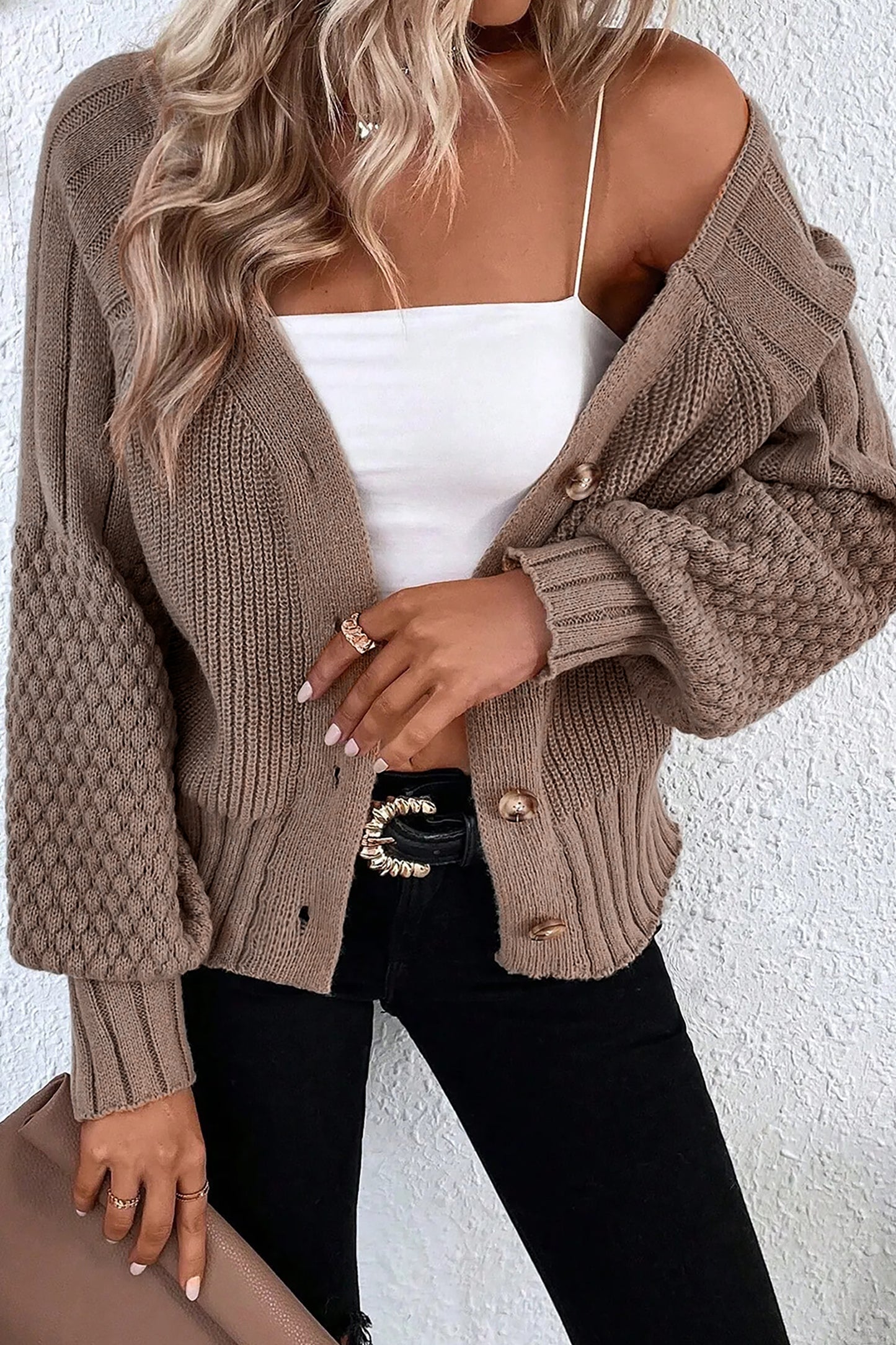 Goat Mixed Texture Knit Button V Neck Sweater Cardigan-Sweaters & Cardigans/Cardigans-[Adult]-[Female]-Goat-S-2022 Online Blue Zone Planet
