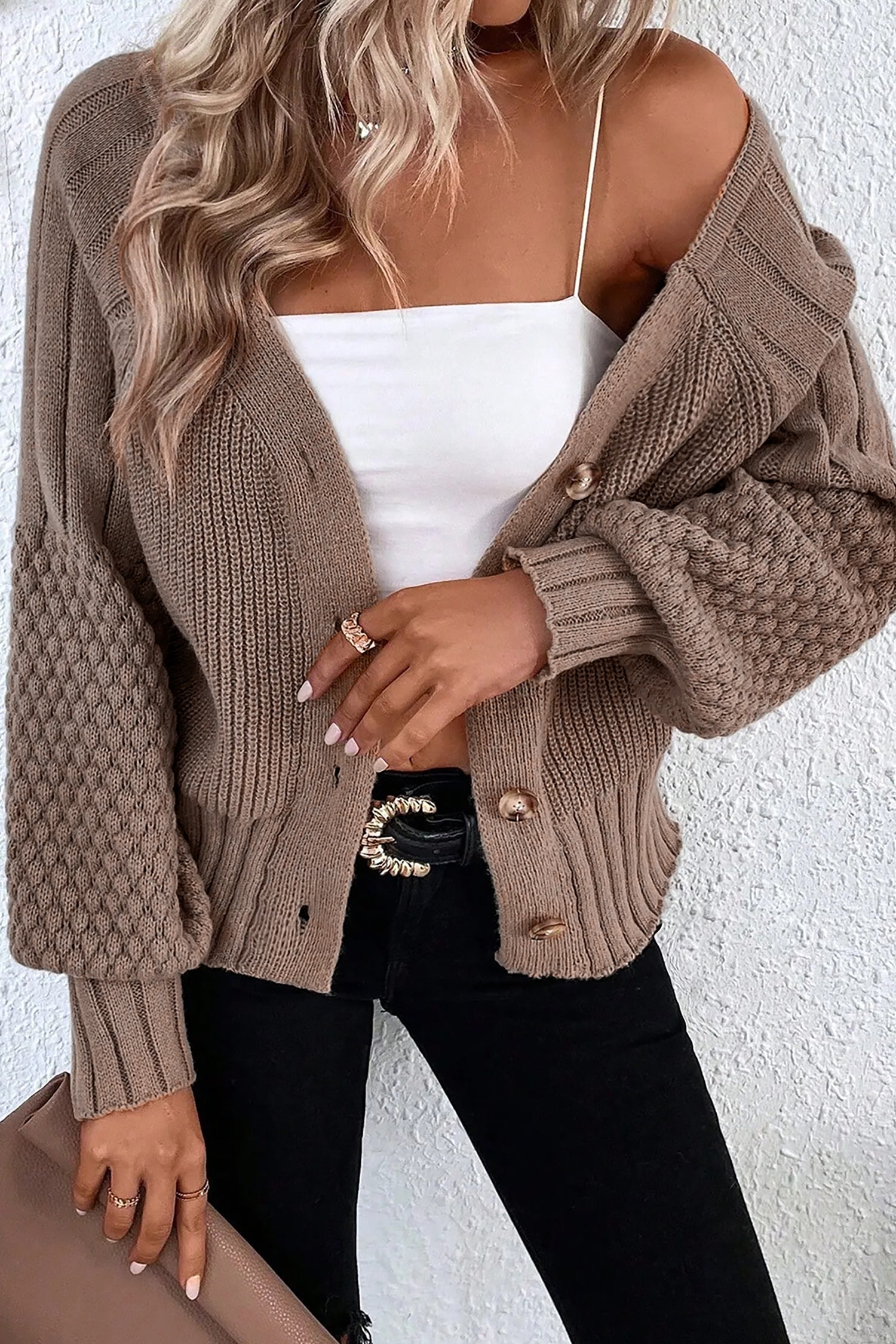 Goat Mixed Texture Knit Button V Neck Sweater Cardigan-Sweaters & Cardigans/Cardigans-[Adult]-[Female]-Goat-S-2022 Online Blue Zone Planet