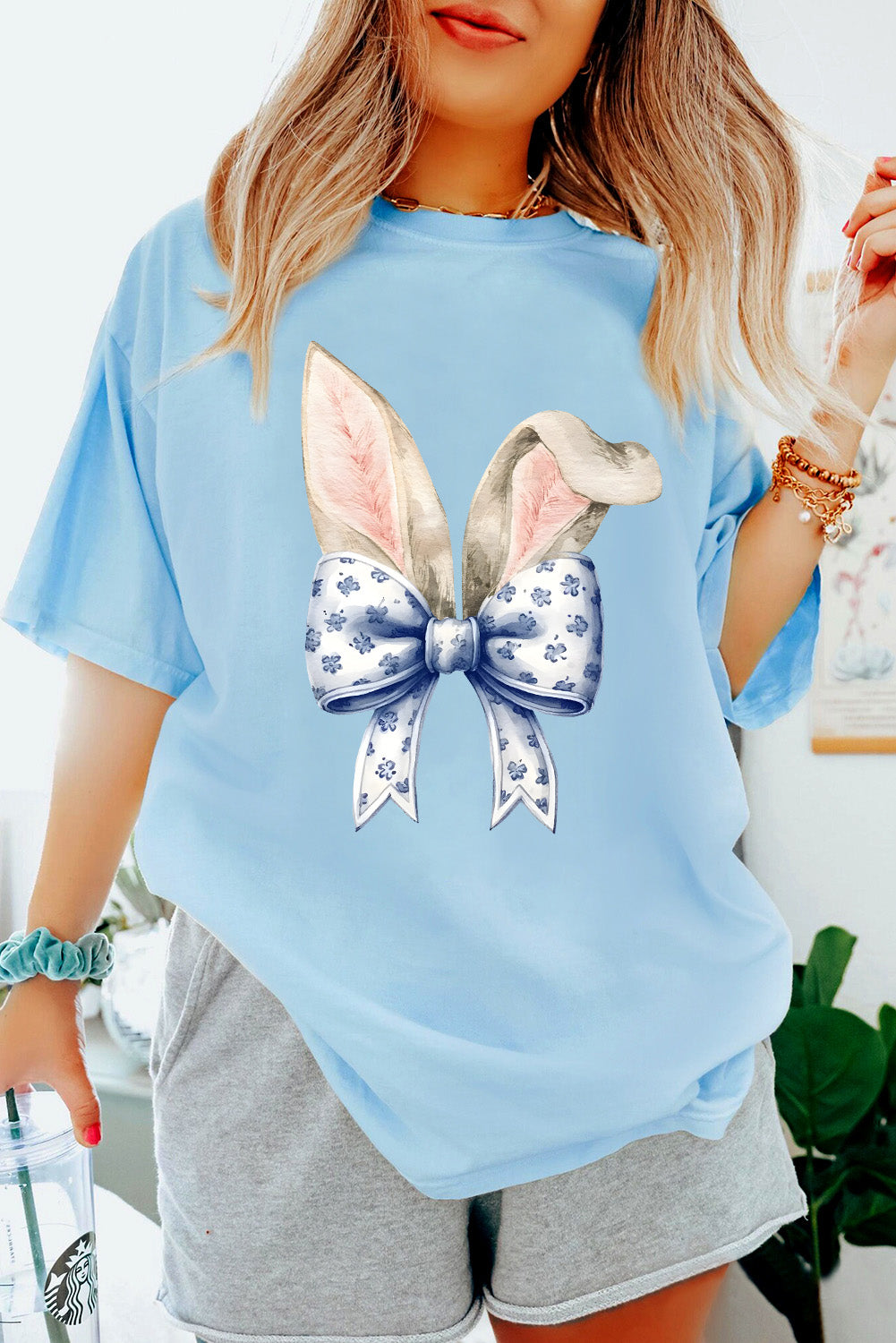 Light Blue Easter Bunny Ears Coquette Bow Graphic Tee-Graphic/Graphic Tees-[Adult]-[Female]-2022 Online Blue Zone Planet
