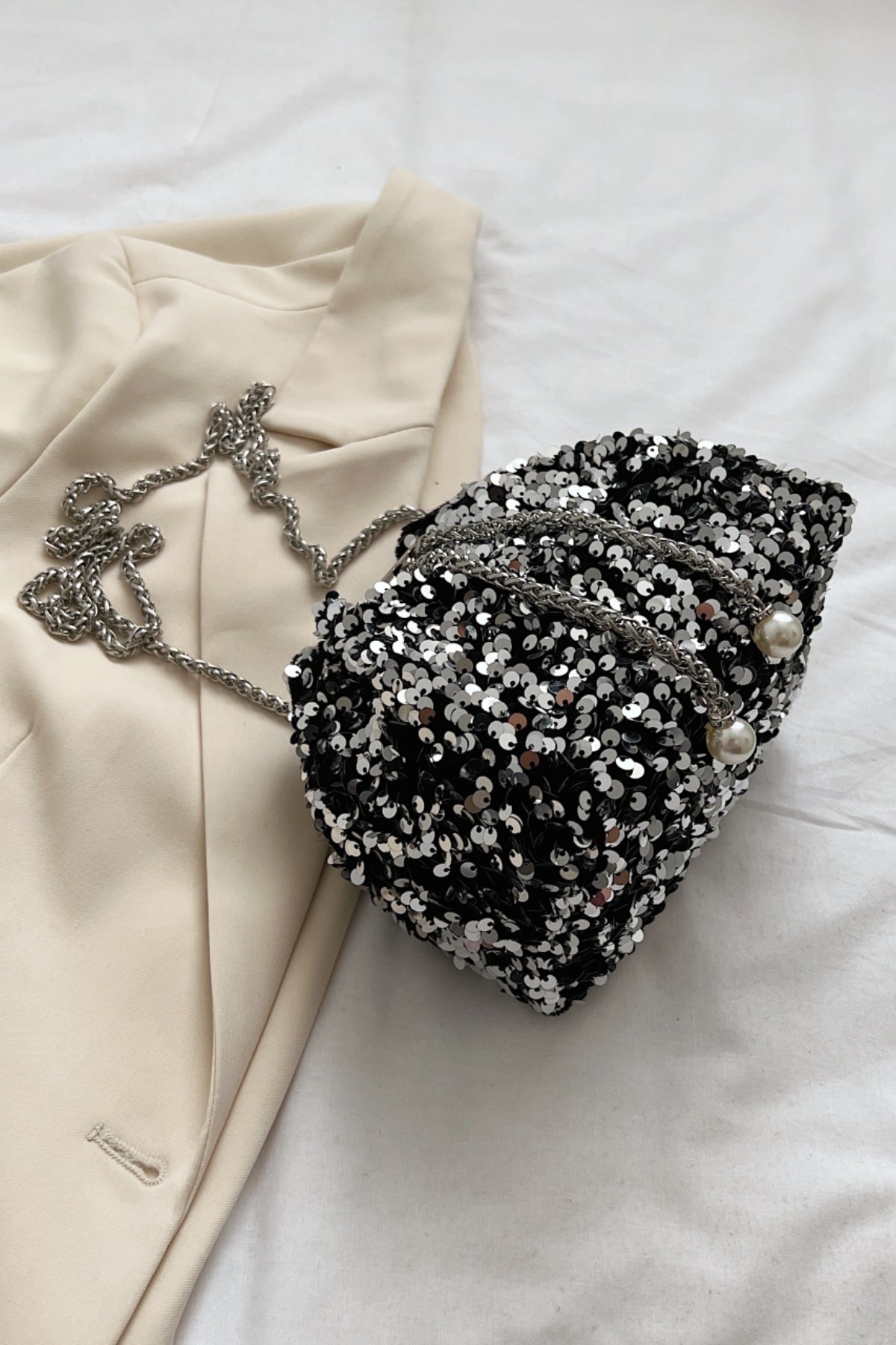 Sequin Chain Drawstring Bucket Bag-HANDBAGS-[Adult]-[Female]-2022 Online Blue Zone Planet