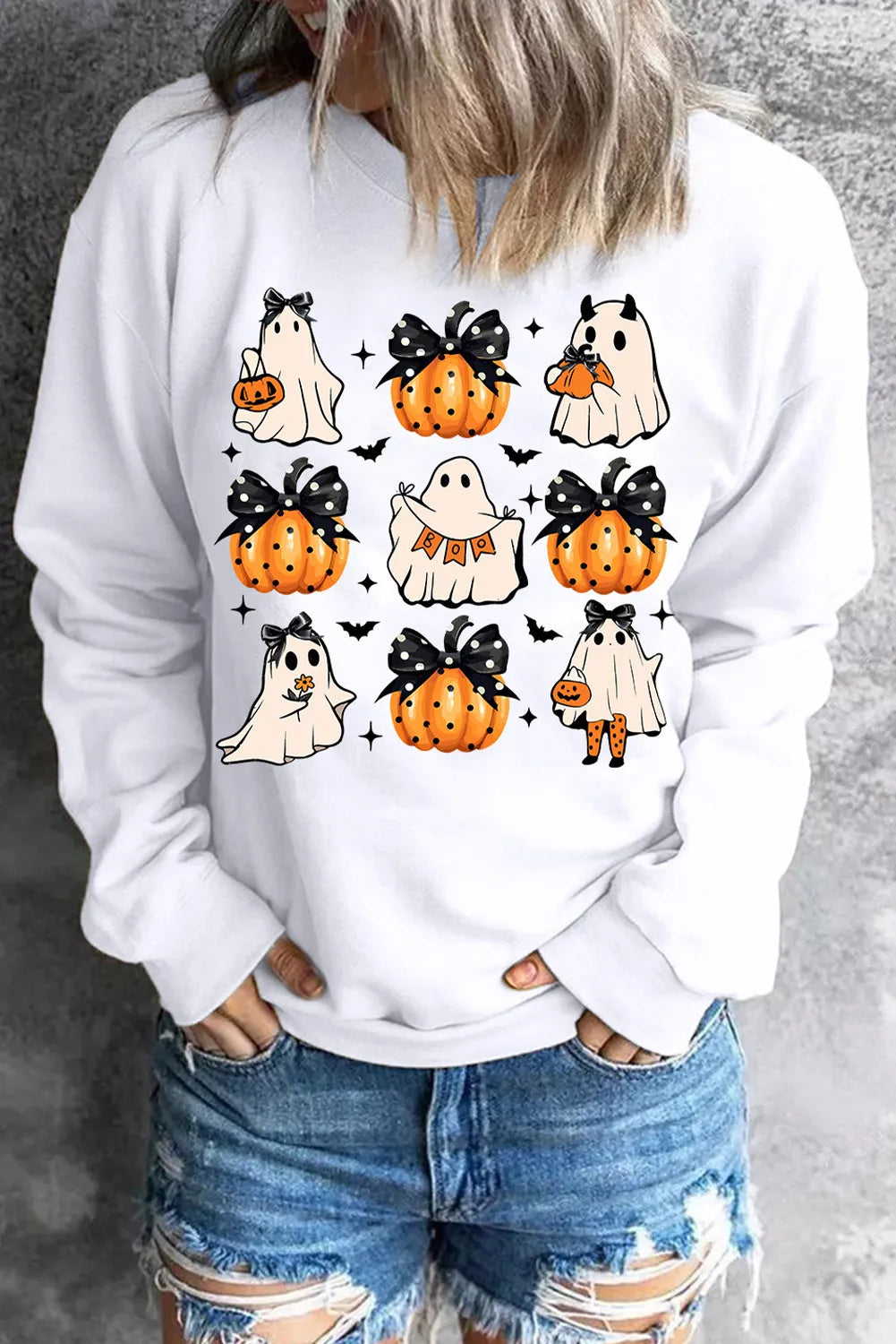 Pumpkin & Ghost Round Neck Long Sleeve Sweatshirt-TOPS / DRESSES-[Adult]-[Female]-White-S-2022 Online Blue Zone Planet