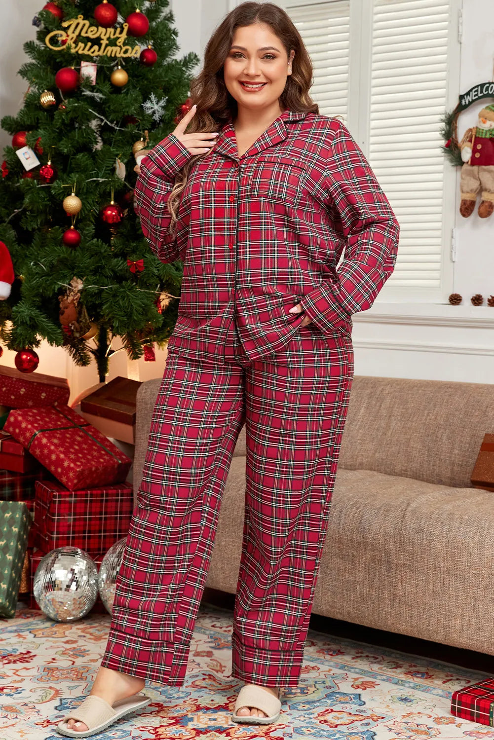 Plus Size Plaid Collared Neck Top and Pants Lounge Set-BOTTOMS SIZES SMALL MEDIUM LARGE-[Adult]-[Female]-2022 Online Blue Zone Planet