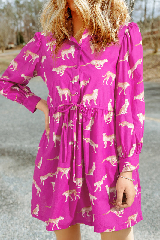 Blue Zone Planet |  Rose Cheetah Print Drawstring Tunic Shirt Dress