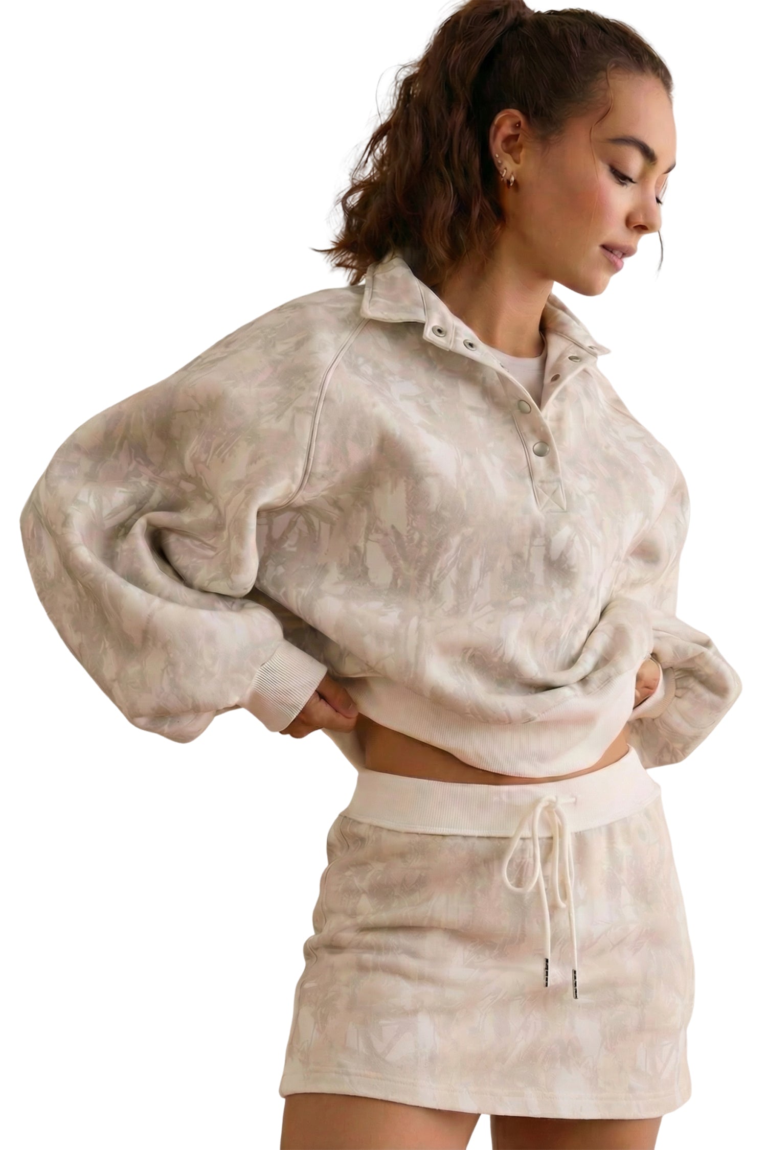 White Abstract Woodland Print Balloon Sleeve Pullover Drawstring Mini Skirt Set-Two Piece Sets/Two Piece Dresses-[Adult]-[Female]-2022 Online Blue Zone Planet