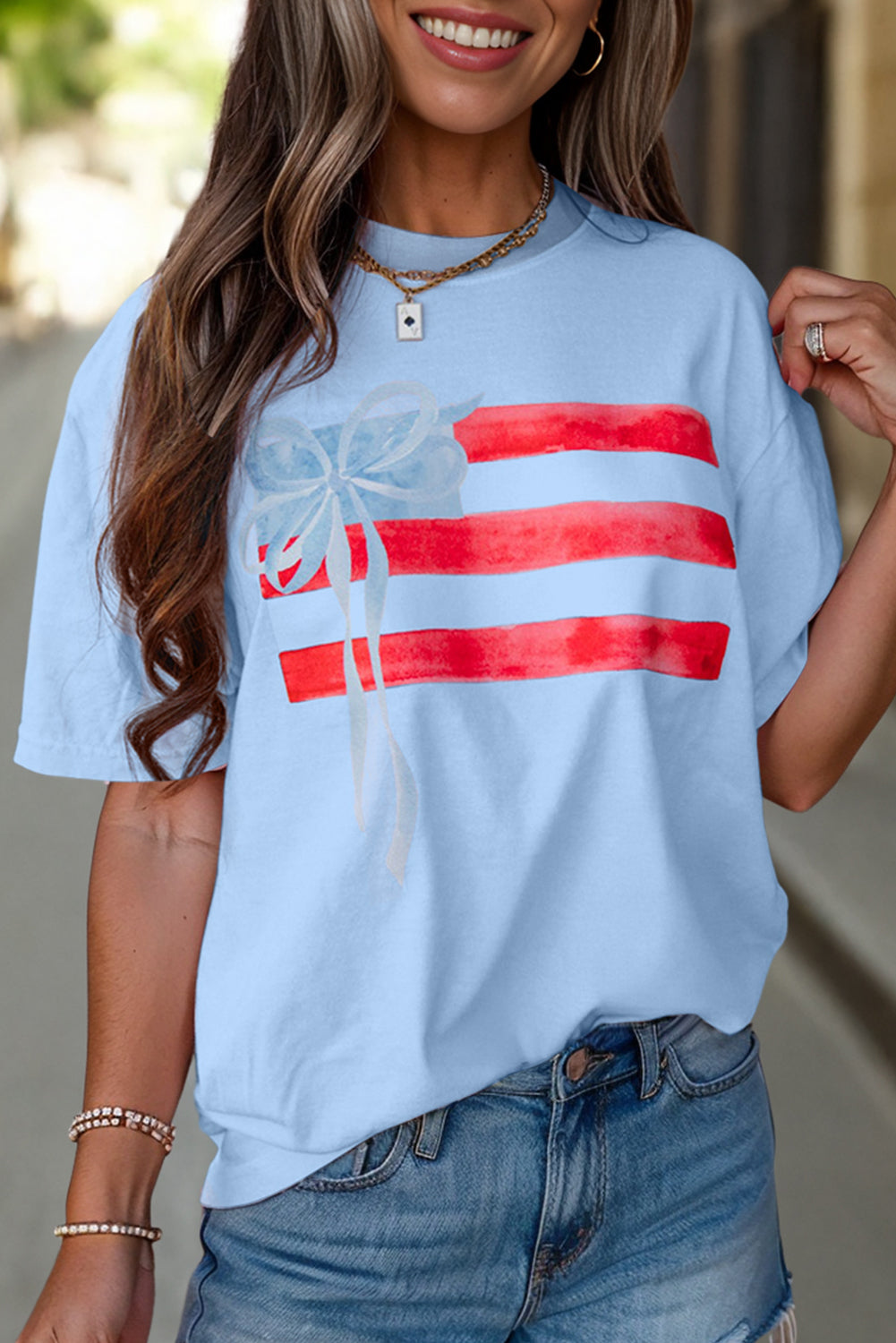 Myosotis Flag Bow Graphic Crewneck Tee-Tops/Tops & Tees-[Adult]-[Female]-2022 Online Blue Zone Planet