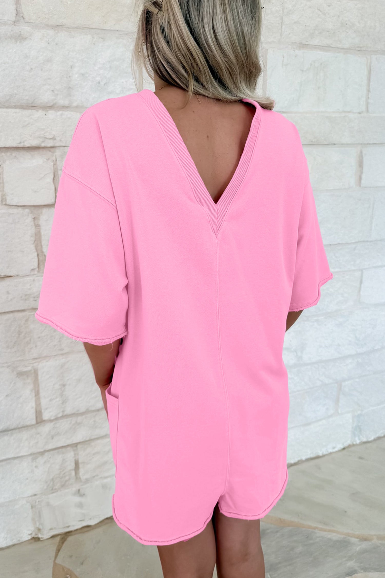Pink Solid Color Raw Edge Half Sleeve Pocketed Loose Romper-Bottoms/Jumpsuits & Rompers-[Adult]-[Female]-2022 Online Blue Zone Planet