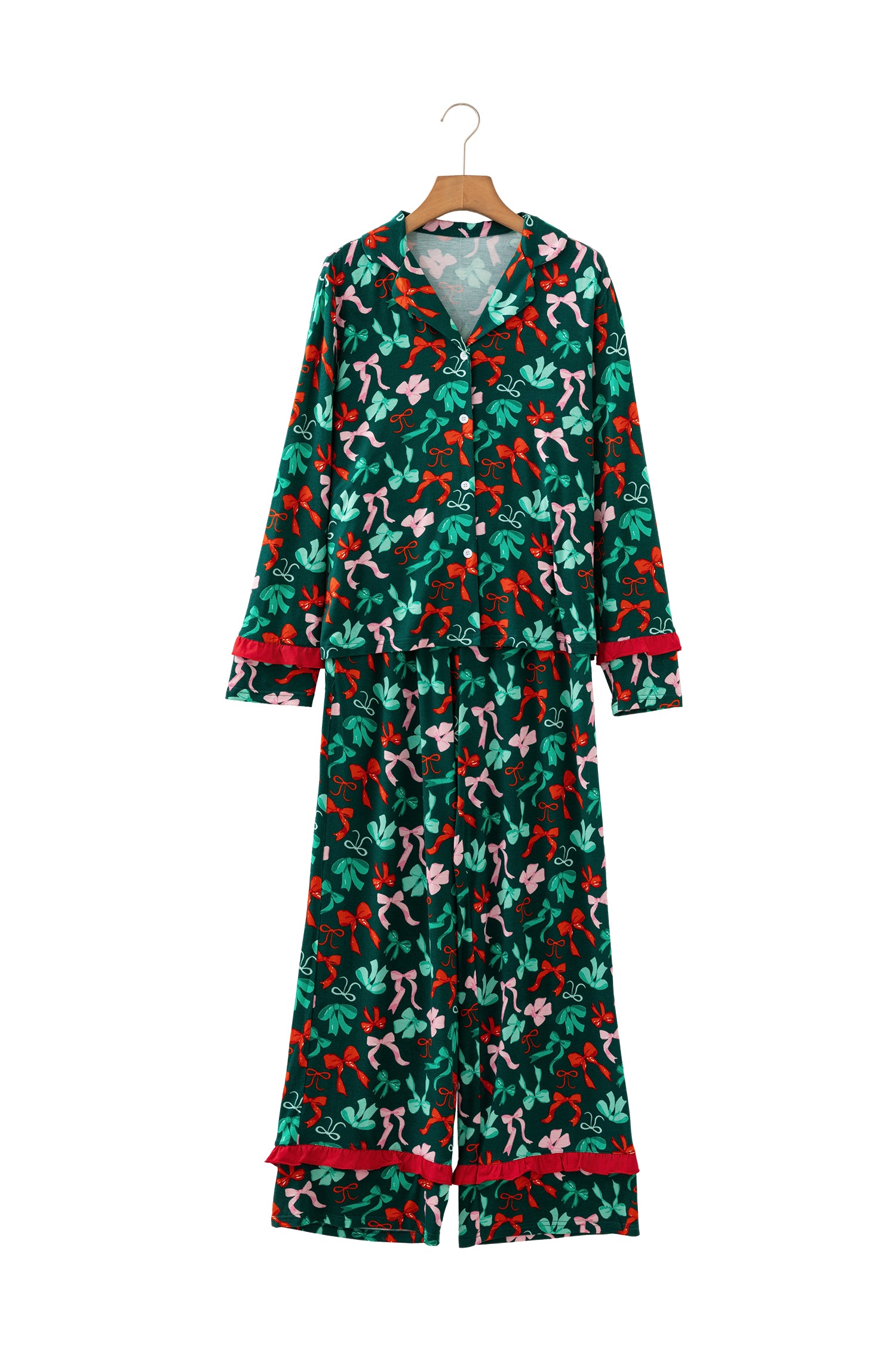 Green Festive Bow Print 2pcs Pajama Pant Set-Loungewear & Sleepwear/Sleepwear-[Adult]-[Female]-2022 Online Blue Zone Planet