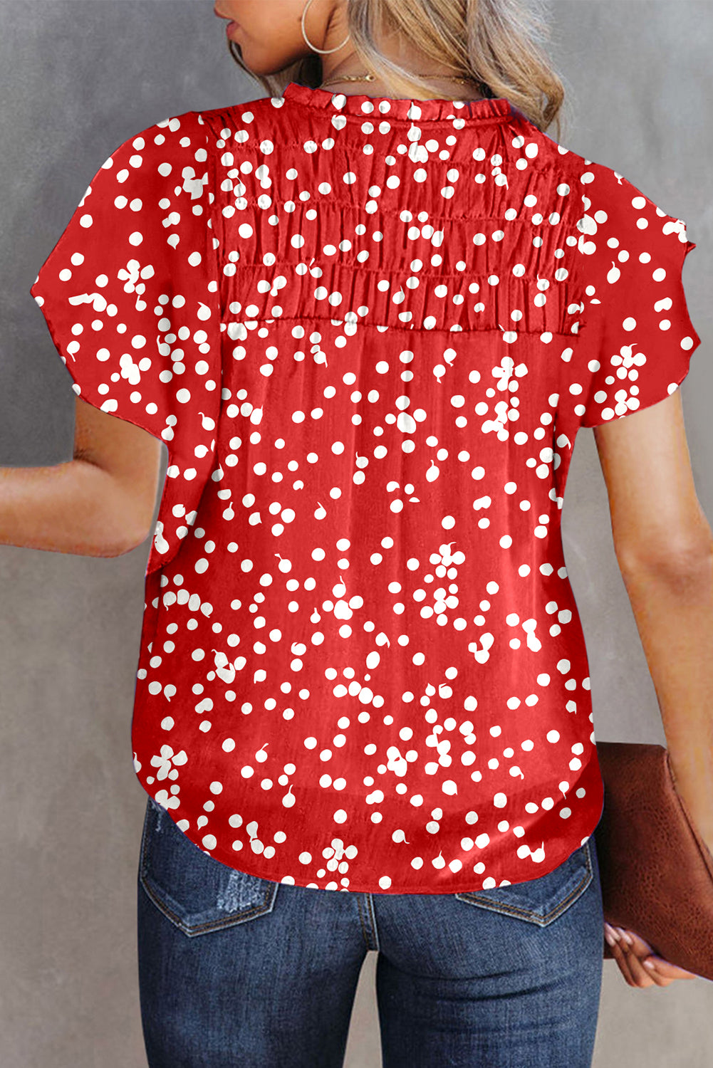 Red Polka Dot Print Frilly Smocked Neck Short Sleeve Blouse-Tops/Blouses & Shirts-[Adult]-[Female]-2022 Online Blue Zone Planet
