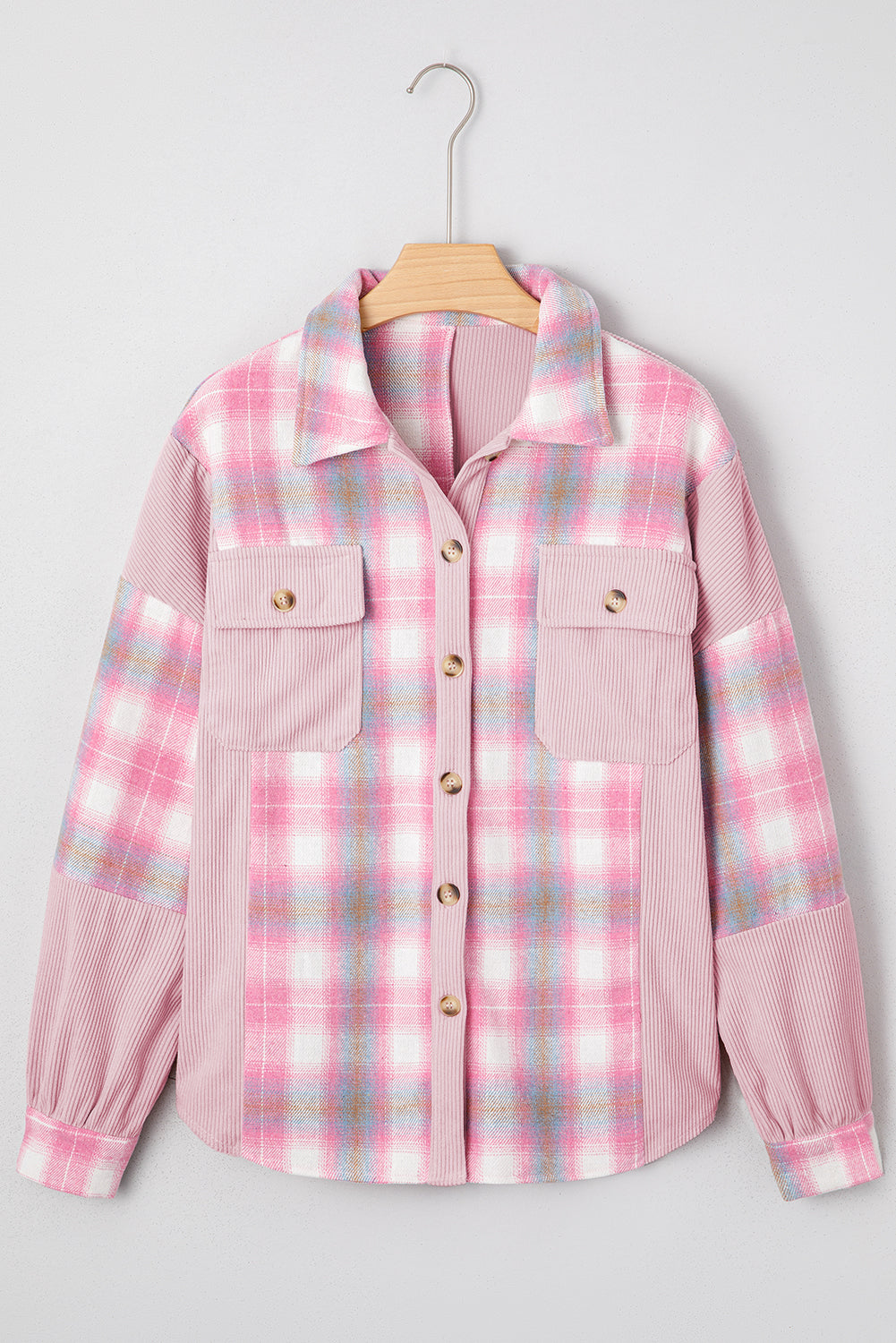 Pink Brushed Plaid Corduroy Flap Pockets Patchwork Shacket-Outerwear/Plaid Shackets-[Adult]-[Female]-2022 Online Blue Zone Planet