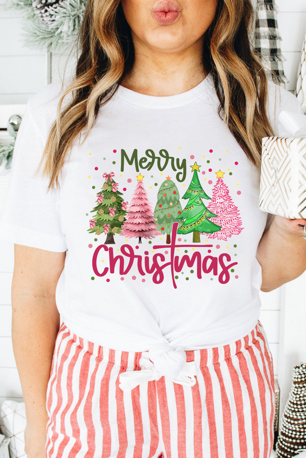 White Merry Christmas Holiday Vibe Graphic Crewneck T Shirt-Graphic/Graphic Tees-[Adult]-[Female]-2022 Online Blue Zone Planet