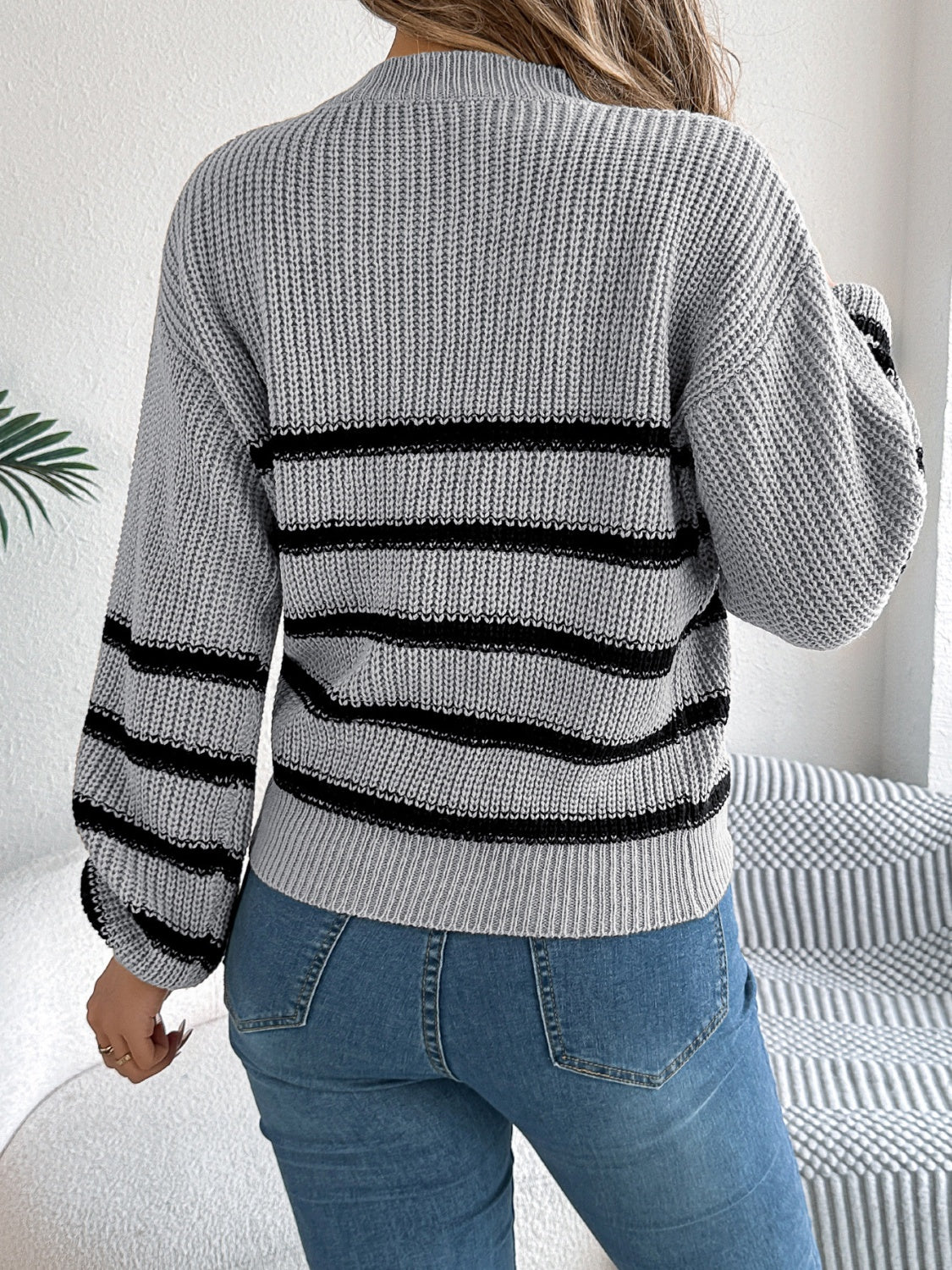 Striped Round Neck Long Sleeve Sweater-TOPS / DRESSES-[Adult]-[Female]-2022 Online Blue Zone Planet