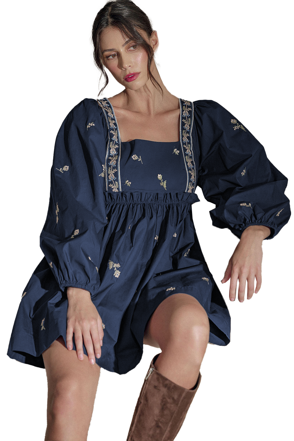 Blue Zone Planet | Blue Floral Embroidered Puff Sleeve Babydoll Dress-TOPS / DRESSES-[Adult]-[Female]-2022 Online Blue Zone Planet